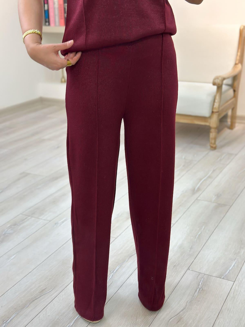 Yüksek Bel Önü Flotalı Simli Triko Pantolon BORDO