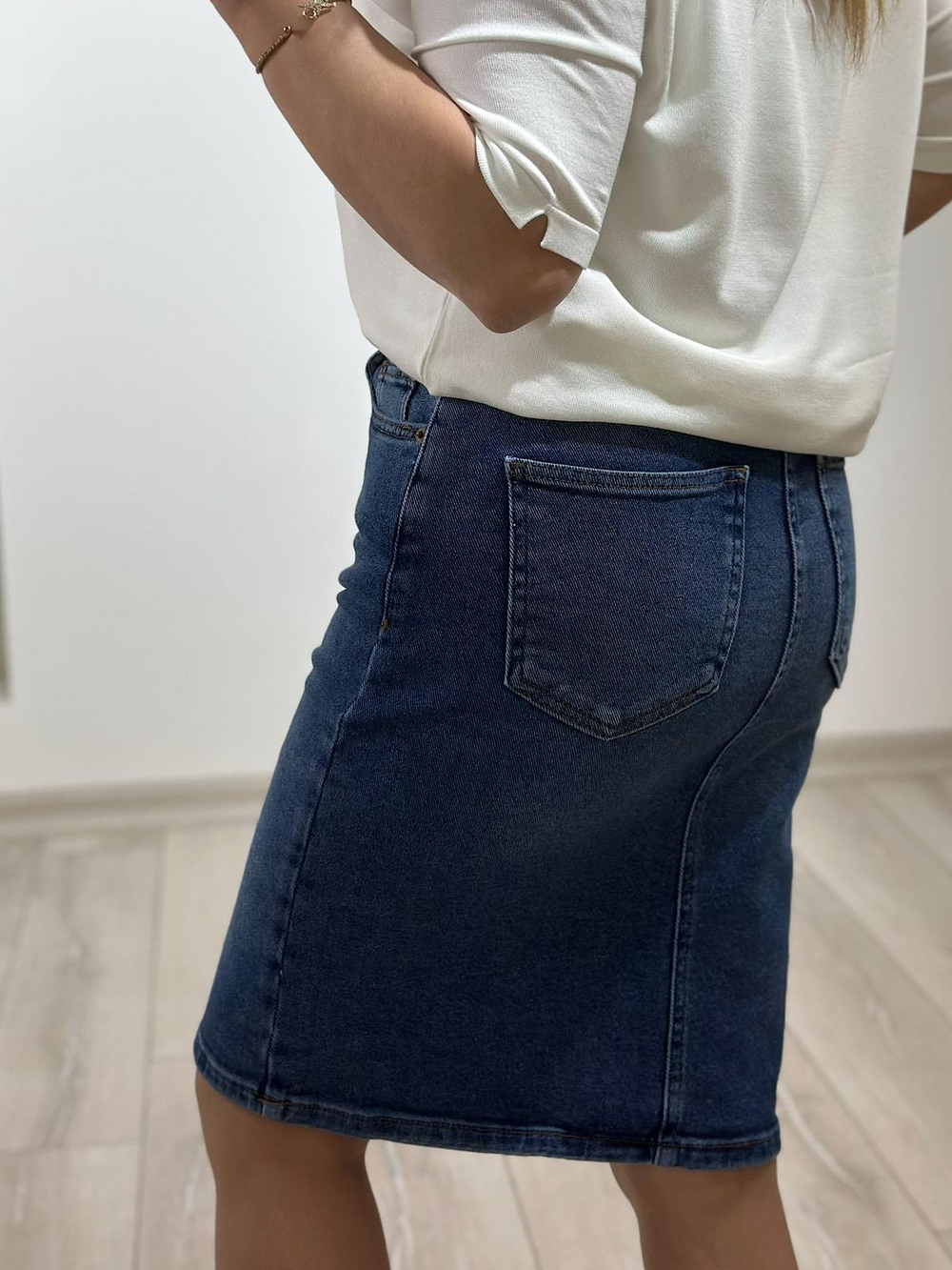 Yüksek Bel Orta Boy Jean Etek KOYU MAVİ