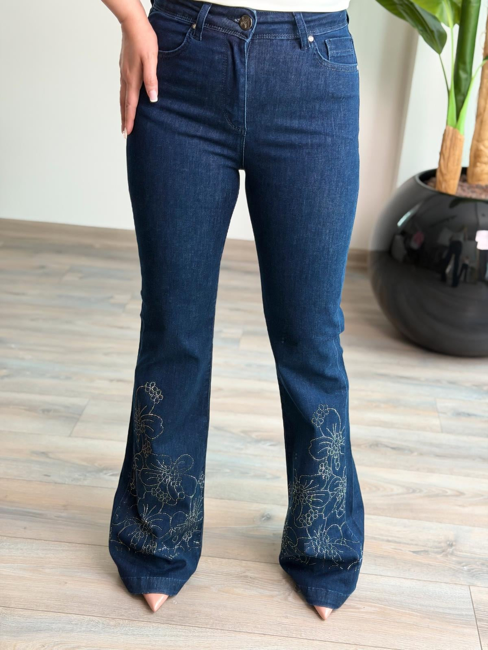 Yüksek Bel Rins Çiçek Taşlı İspanyol Paça Pantolon KOYU MAVİ