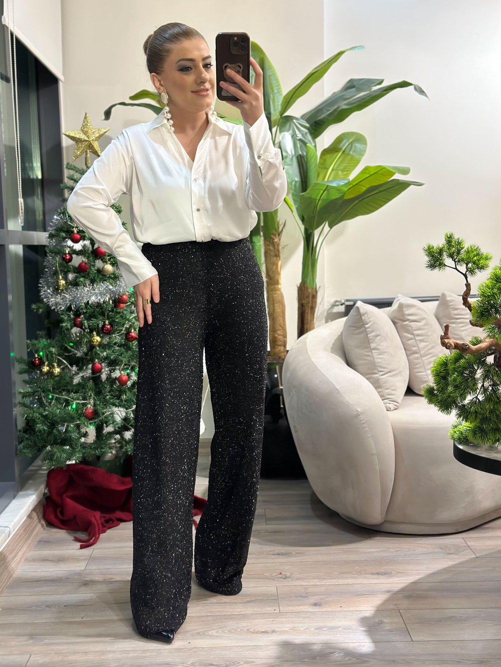 Yüksek Bel Taş Detaylı Geniş Paça Pantolon SİYAH