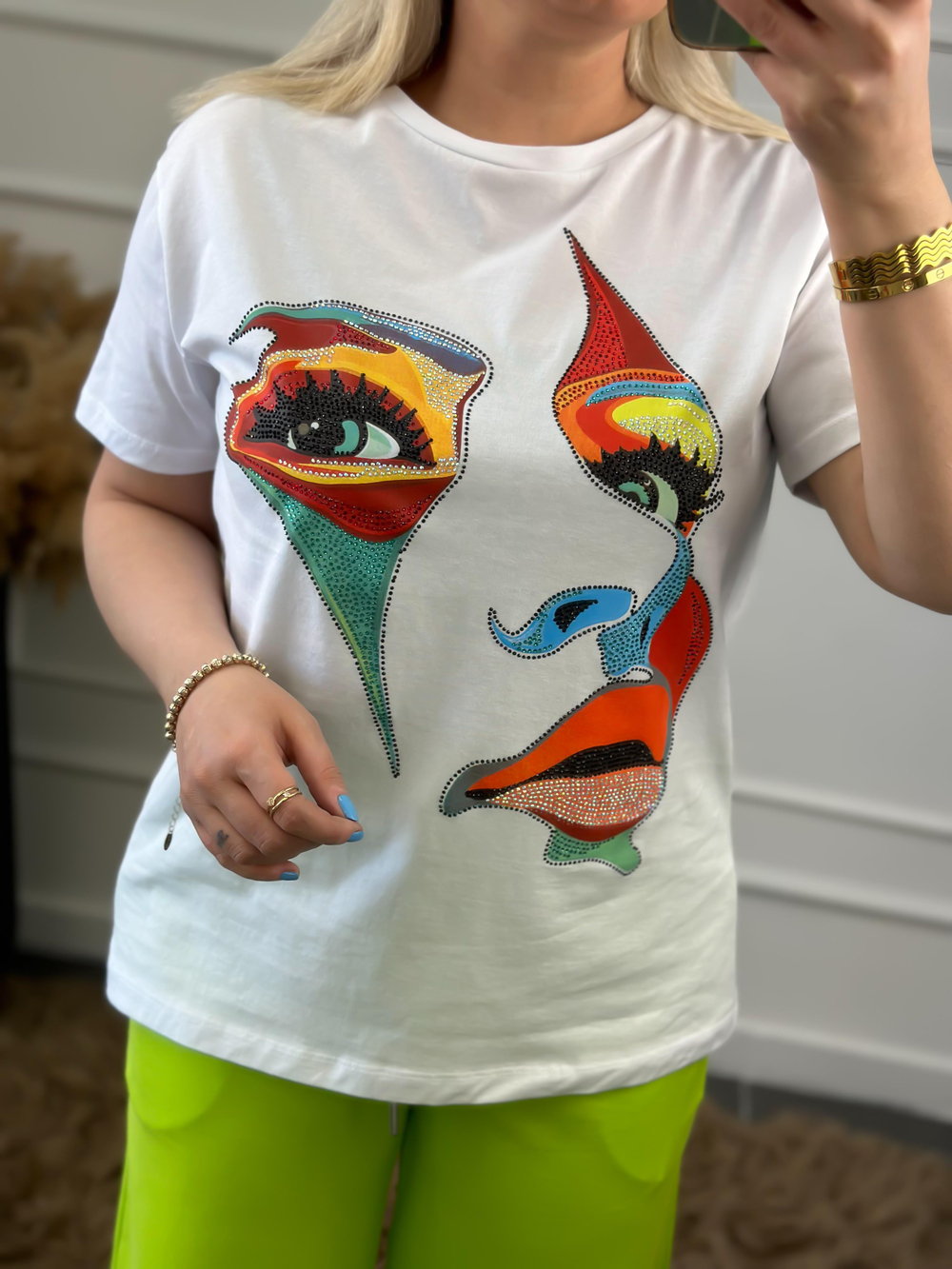Yüz Baskılı Taş İşlemeli Bisiklet Yaka Tshirt BEYAZ