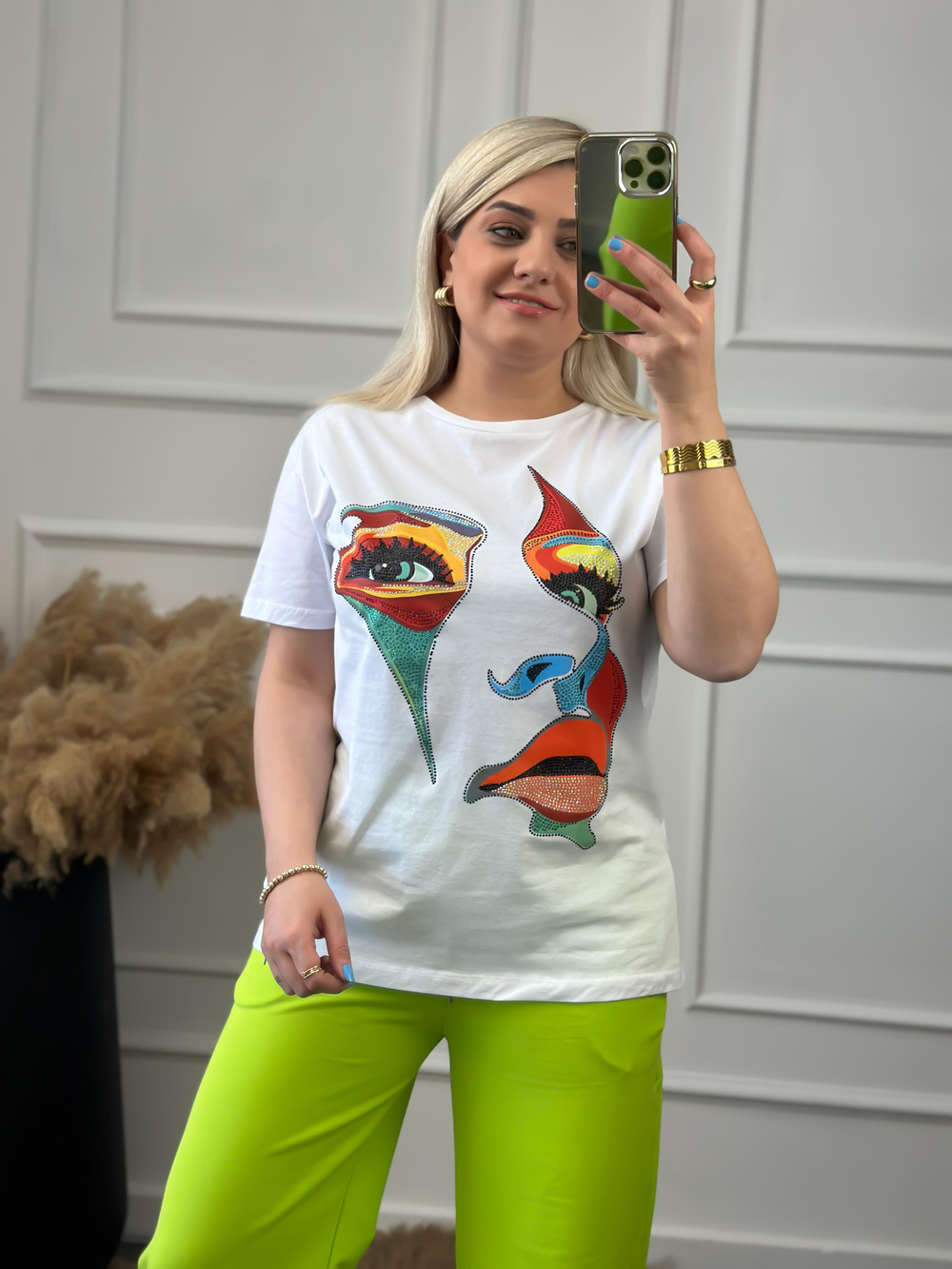Yüz Baskılı Taş İşlemeli Bisiklet Yaka Tshirt BEYAZ