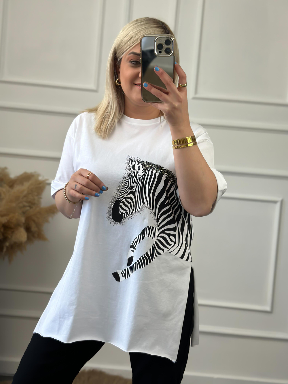 Zebra Desen Bisiklet Yaka Oversize Tshirt BEYAZ
