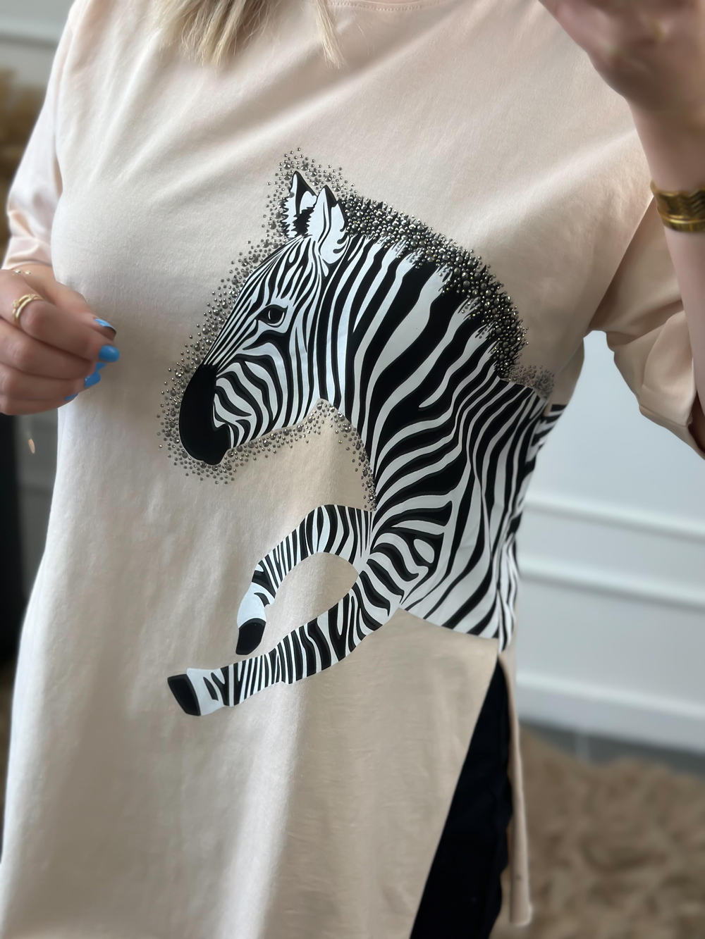 Zebra Desen Bisiklet Yaka Oversize Tshirt BEJ