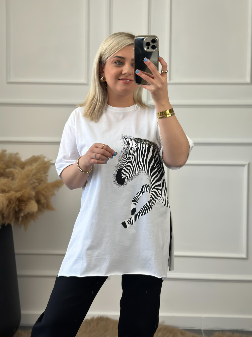 Zebra Desen Bisiklet Yaka Oversize Tshirt BEYAZ