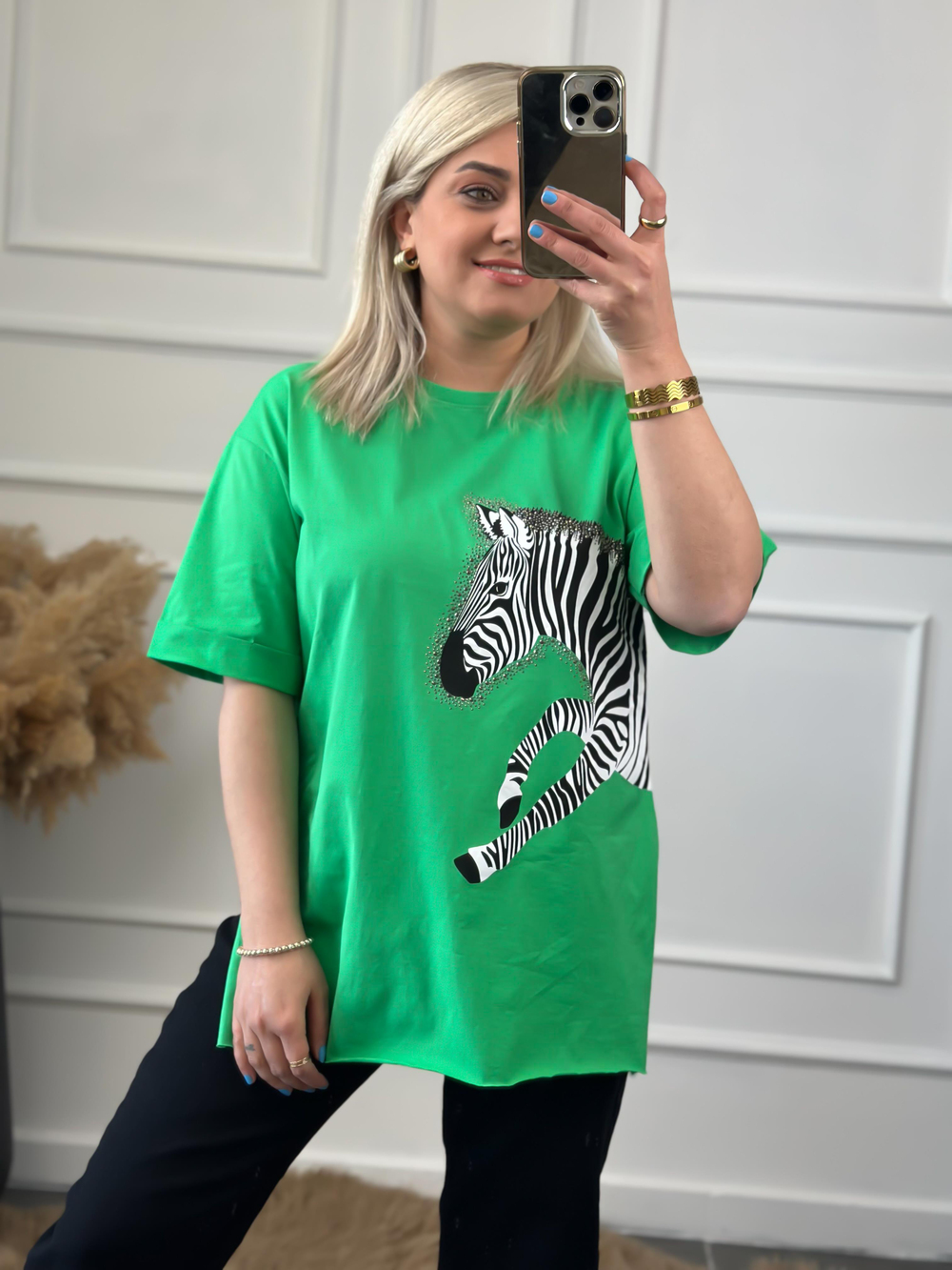Zebra Desen Bisiklet Yaka Oversize Tshirt YEŞİL