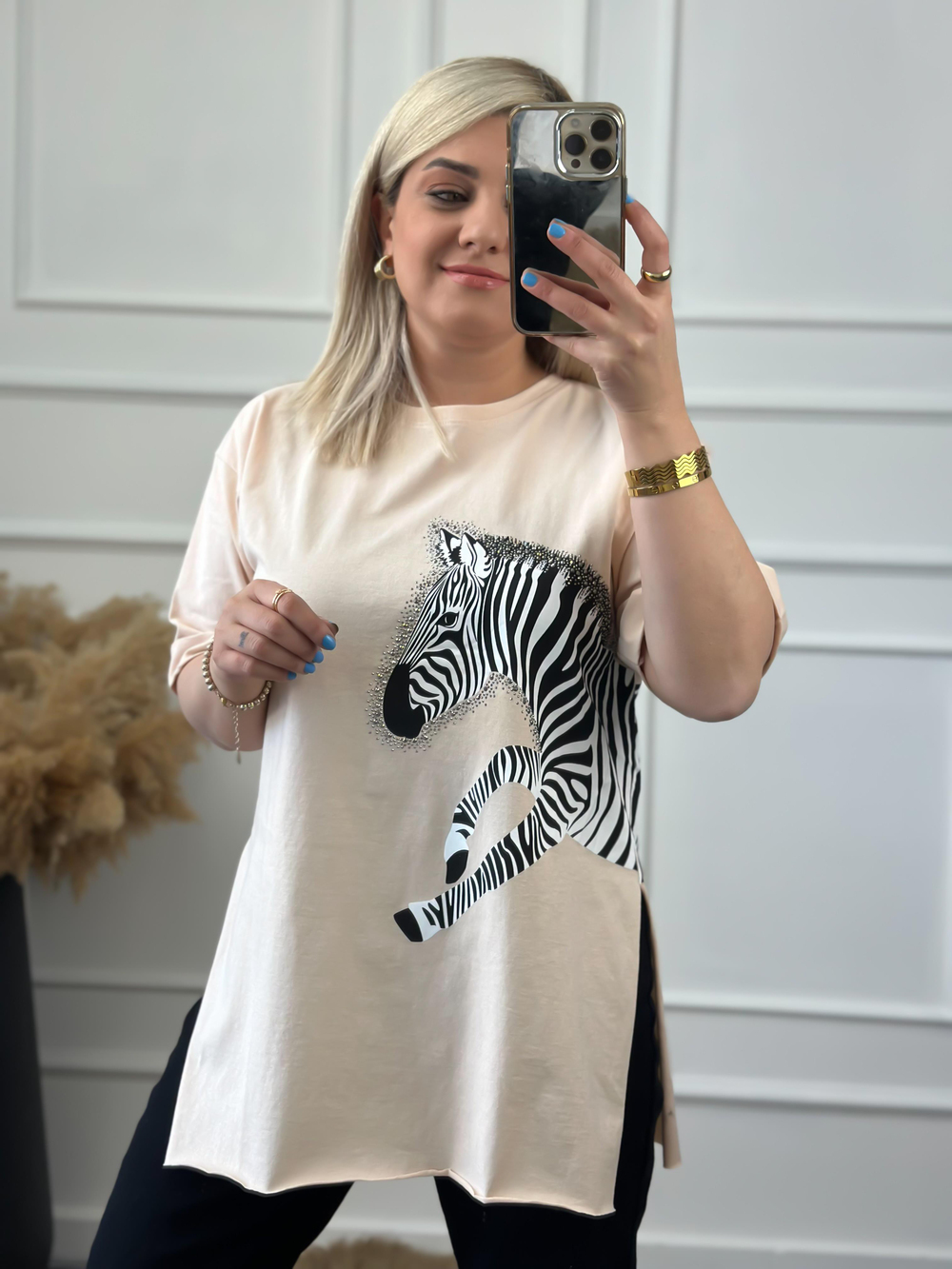 Zebra Desen Bisiklet Yaka Oversize Tshirt BEJ
