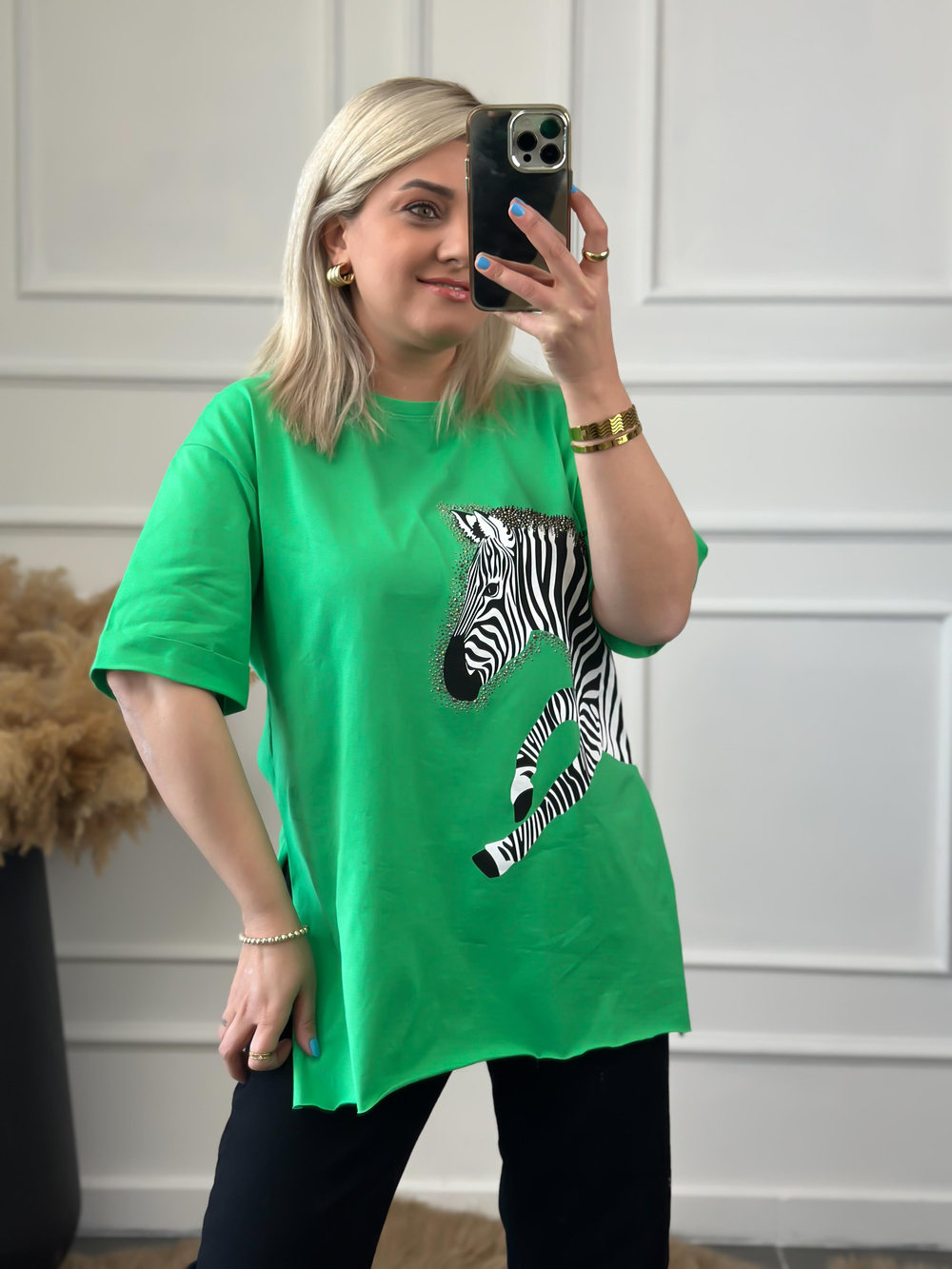 Zebra Desen Bisiklet Yaka Oversize Tshirt YEŞİL