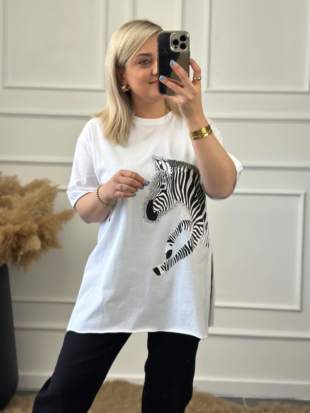 Zebra Desen Bisiklet Yaka Oversize Tshirt BEYAZ
