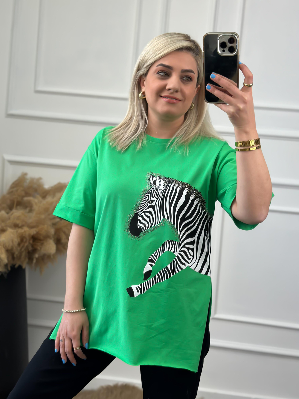 Zebra Desen Bisiklet Yaka Oversize Tshirt YEŞİL