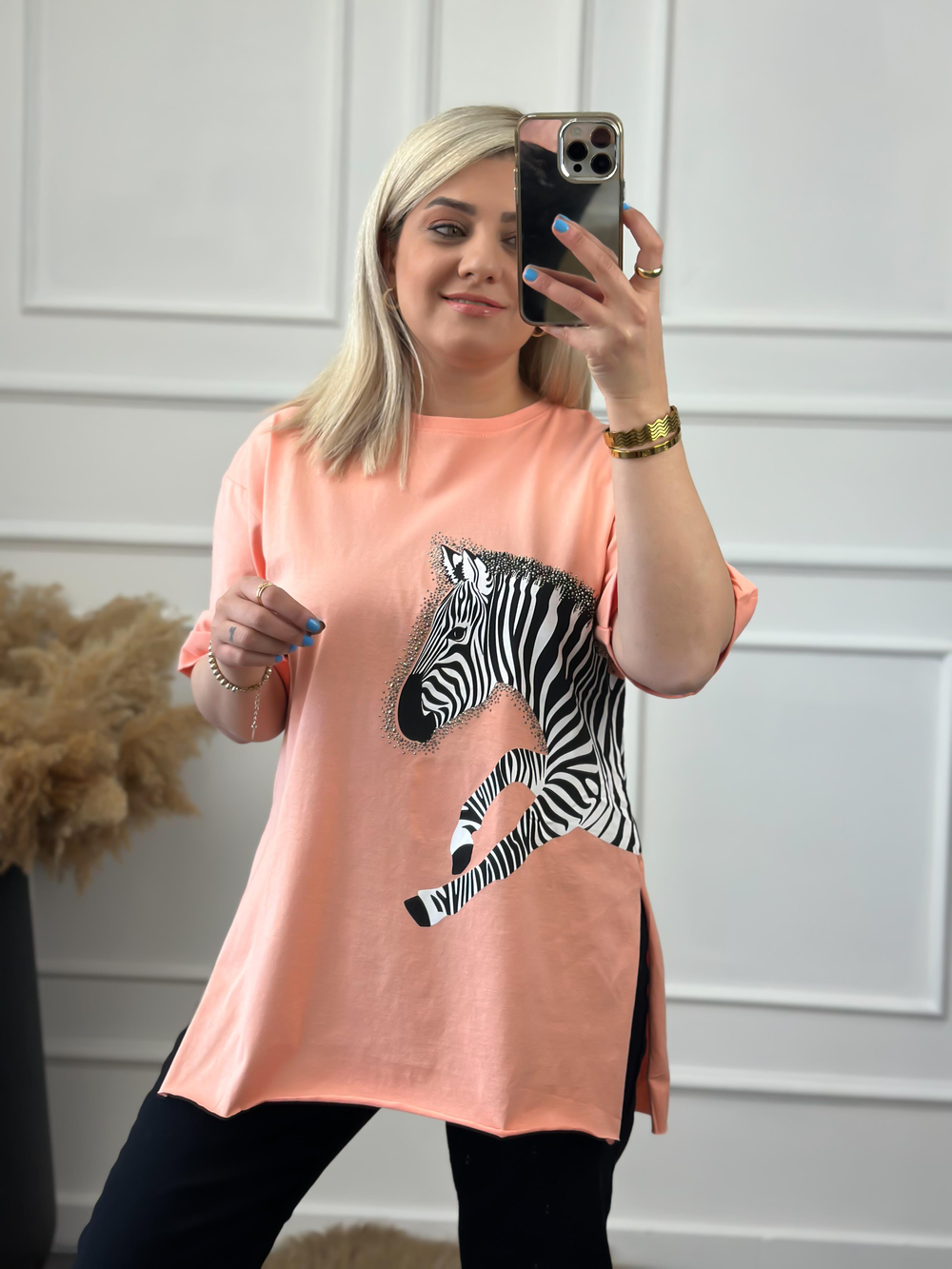 Zebra Desen Bisiklet Yaka Oversize Tshirt SOMON