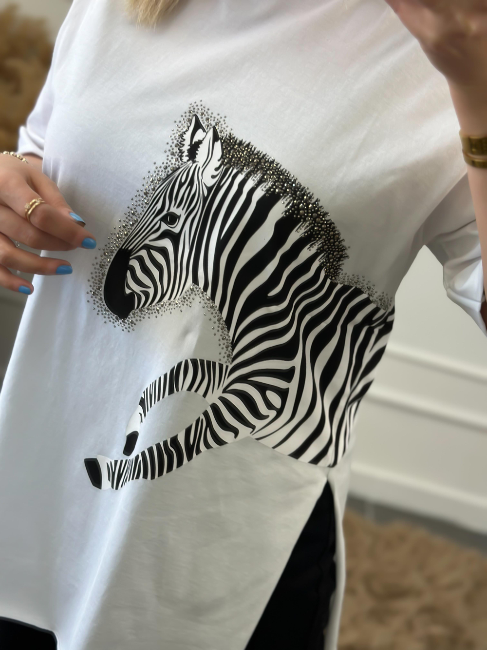 Zebra Desen Bisiklet Yaka Oversize Tshirt BEYAZ