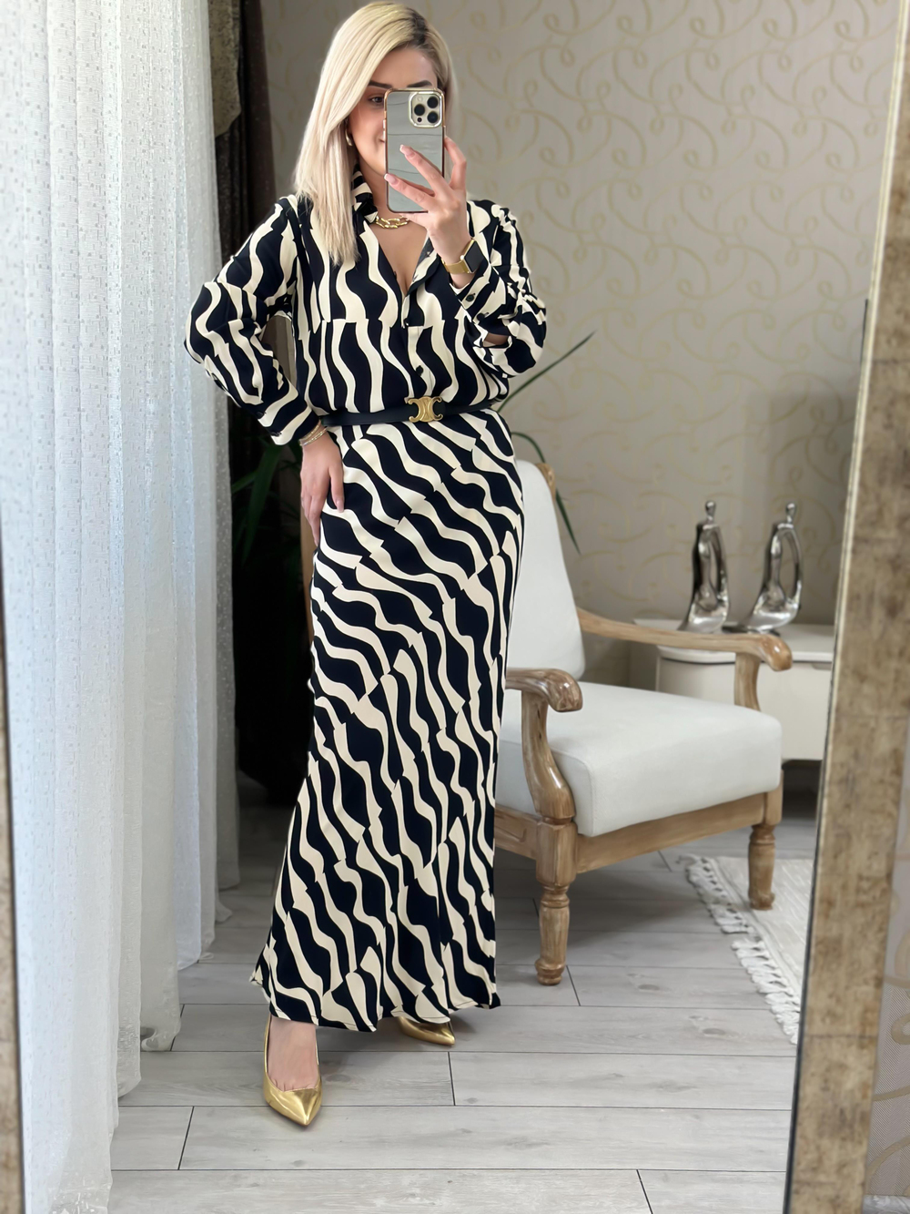 Zebra Desen Gömlek Etek Takım SİYAH EKRU