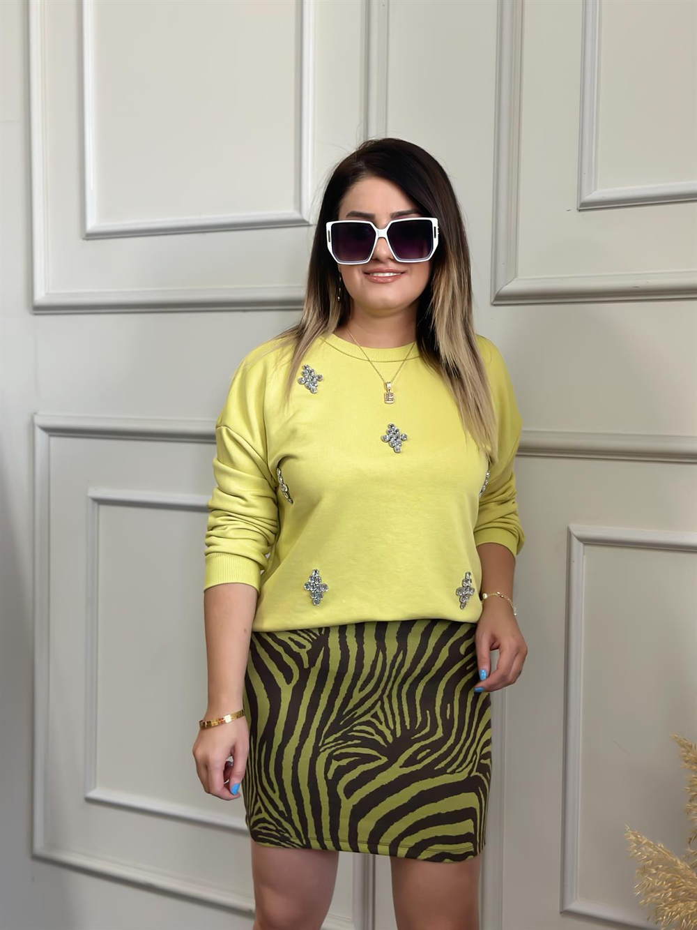 Zebra Kahve Desenli Beli Lastikli Kısa Yeşil Etek YEŞİL