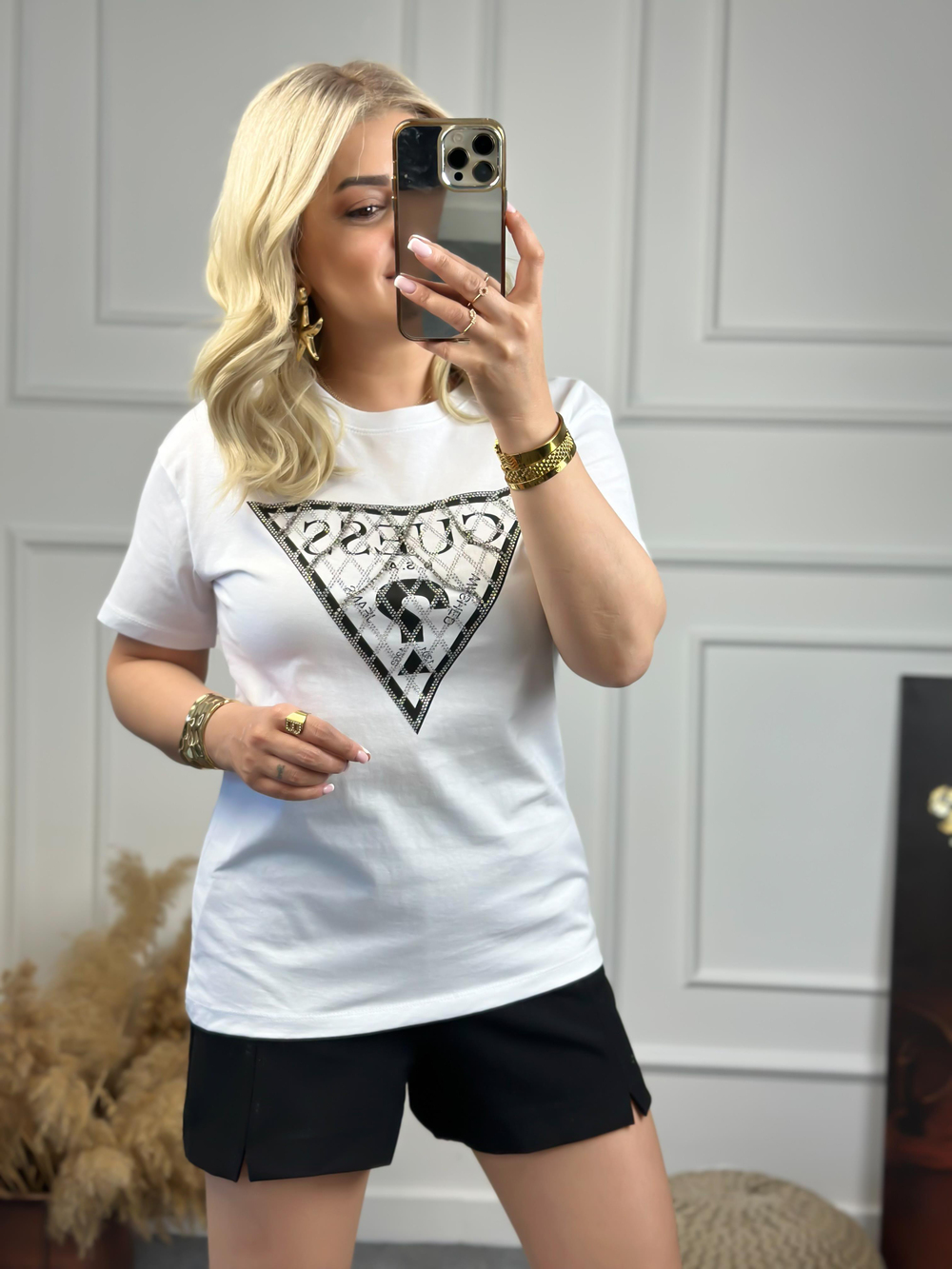 Zincirli Yazı Baskılı Tshirt BEYAZ