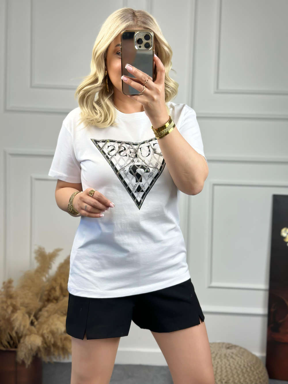 Zincirli Yazı Baskılı Tshirt BEYAZ