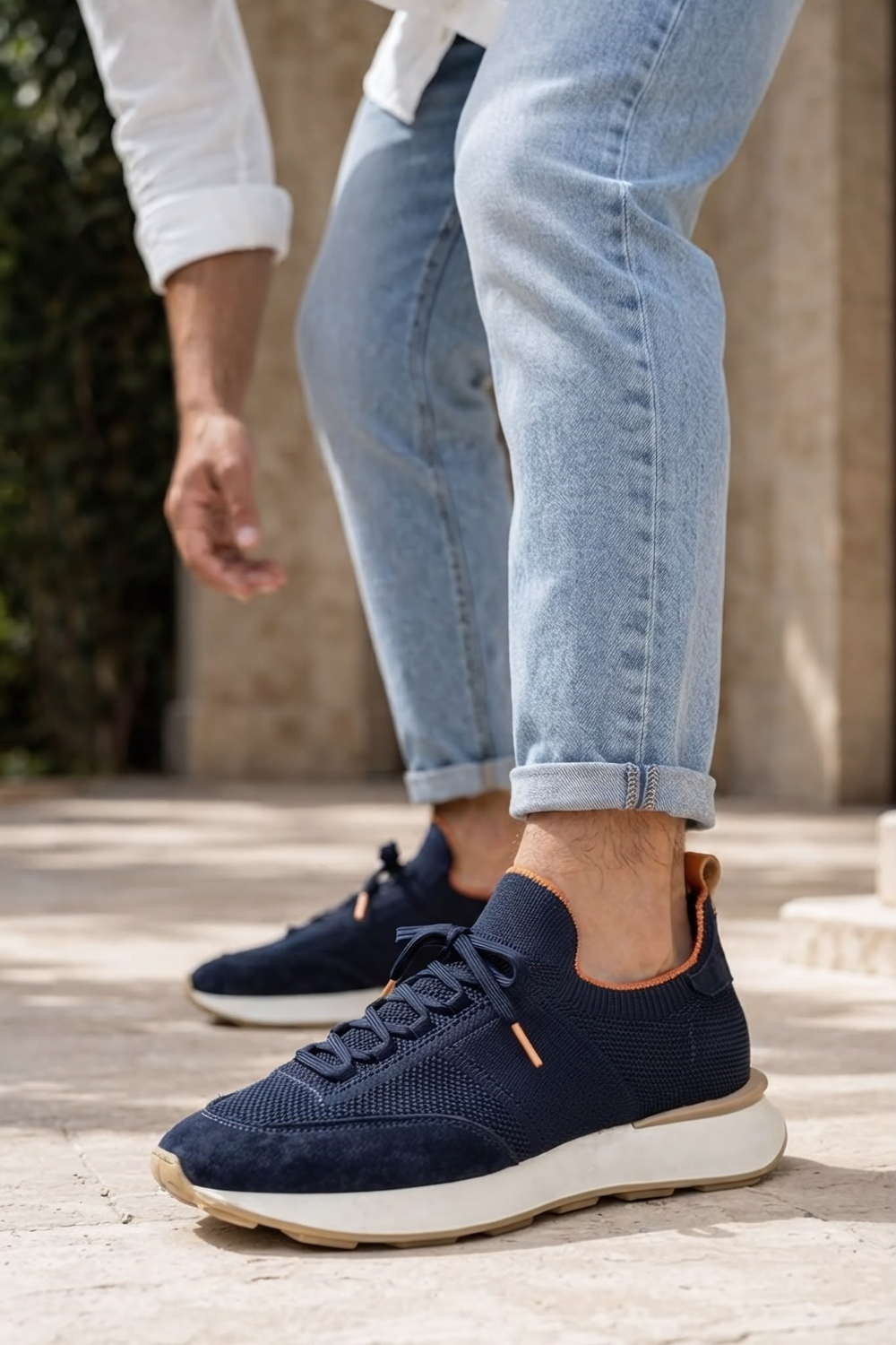 Delta Lacivert-Turuncu Triko & Hakiki Deri Sneaker