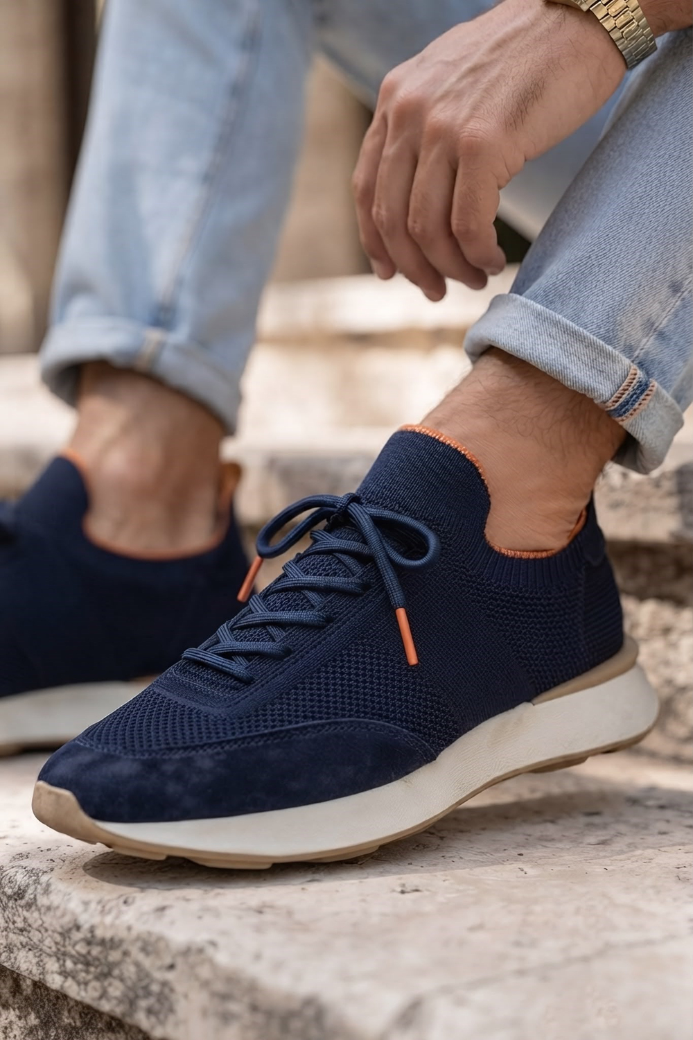 Delta Lacivert-Turuncu Triko & Hakiki Deri Sneaker