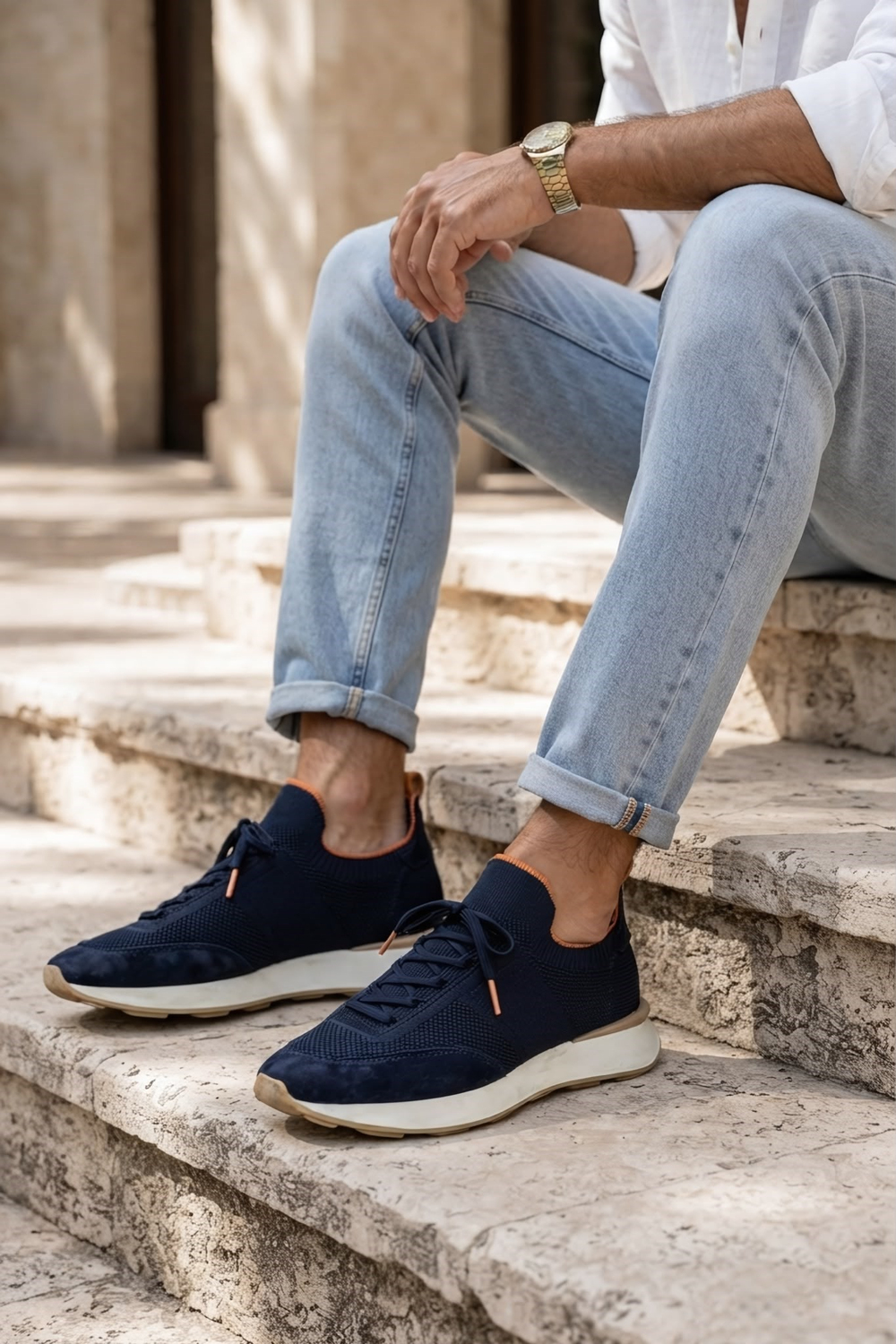 Delta Lacivert-Turuncu Triko & Hakiki Deri Sneaker