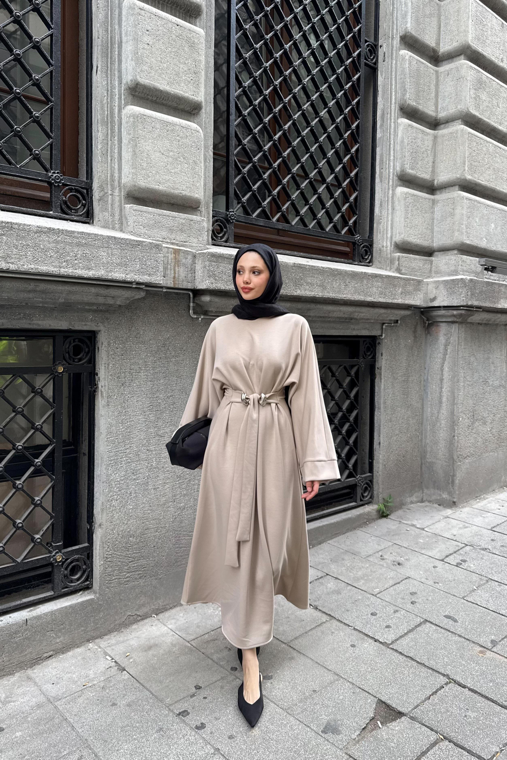 Accessorized Waist-Tied Dress - Stone