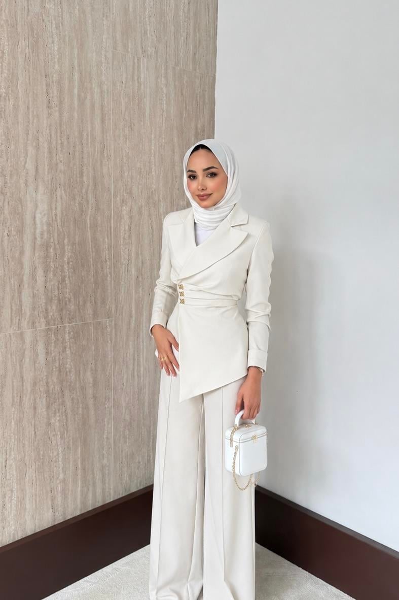 Asimetrik Blazer Ceketli Takım - Ekru