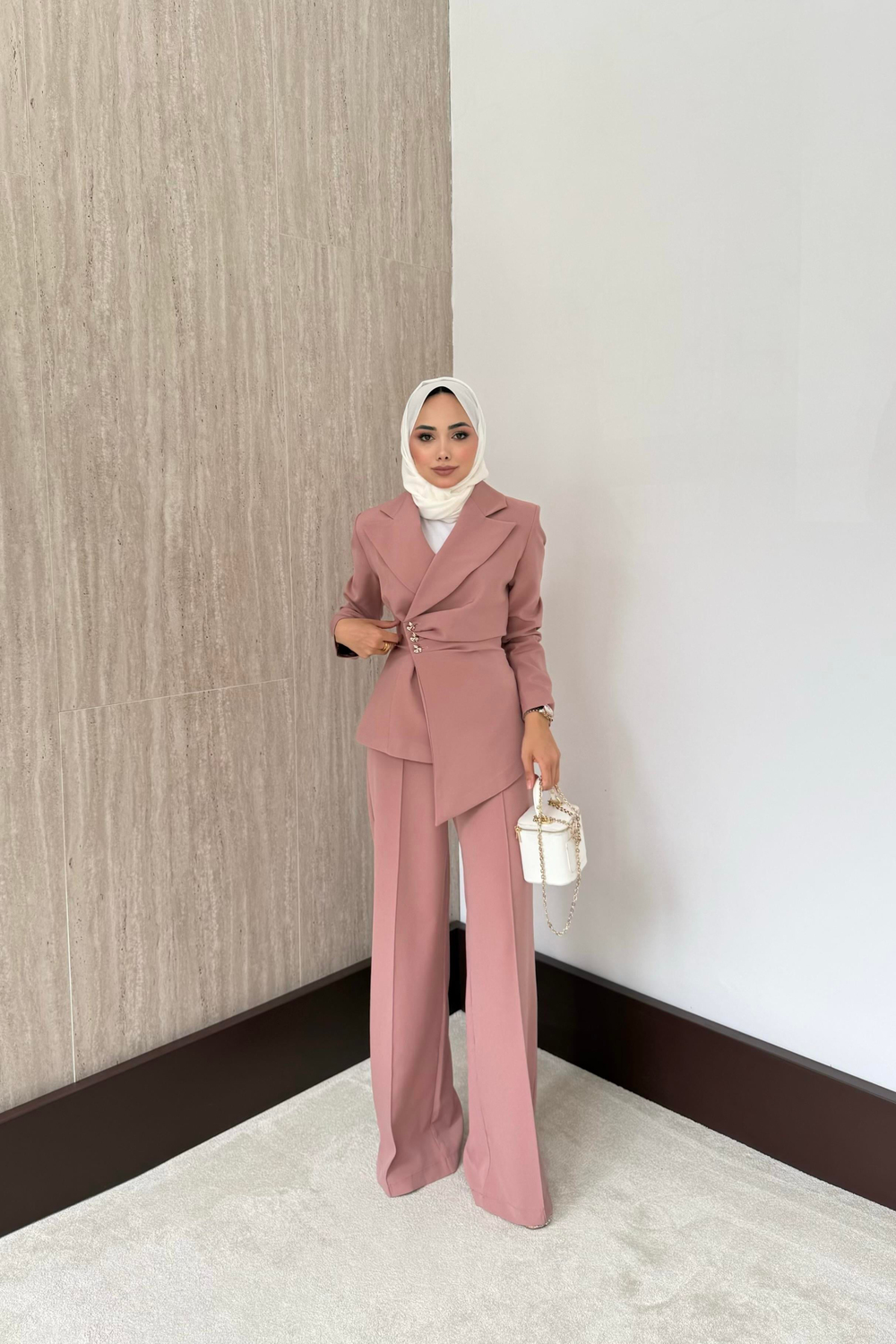Asimetrik Blazer Ceketli Takım - Pudra