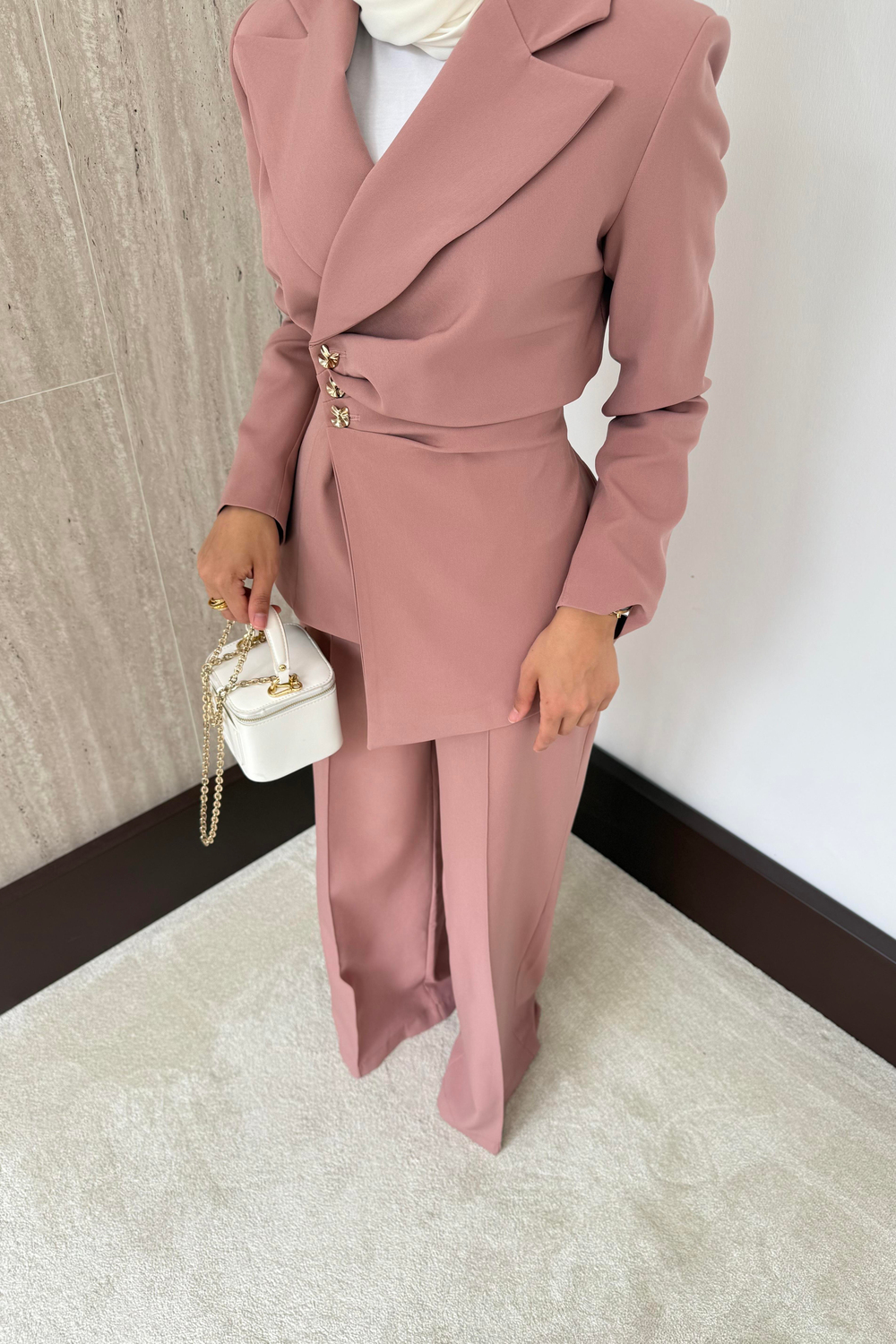 Asimetrik Blazer Ceketli Takım - Pudra