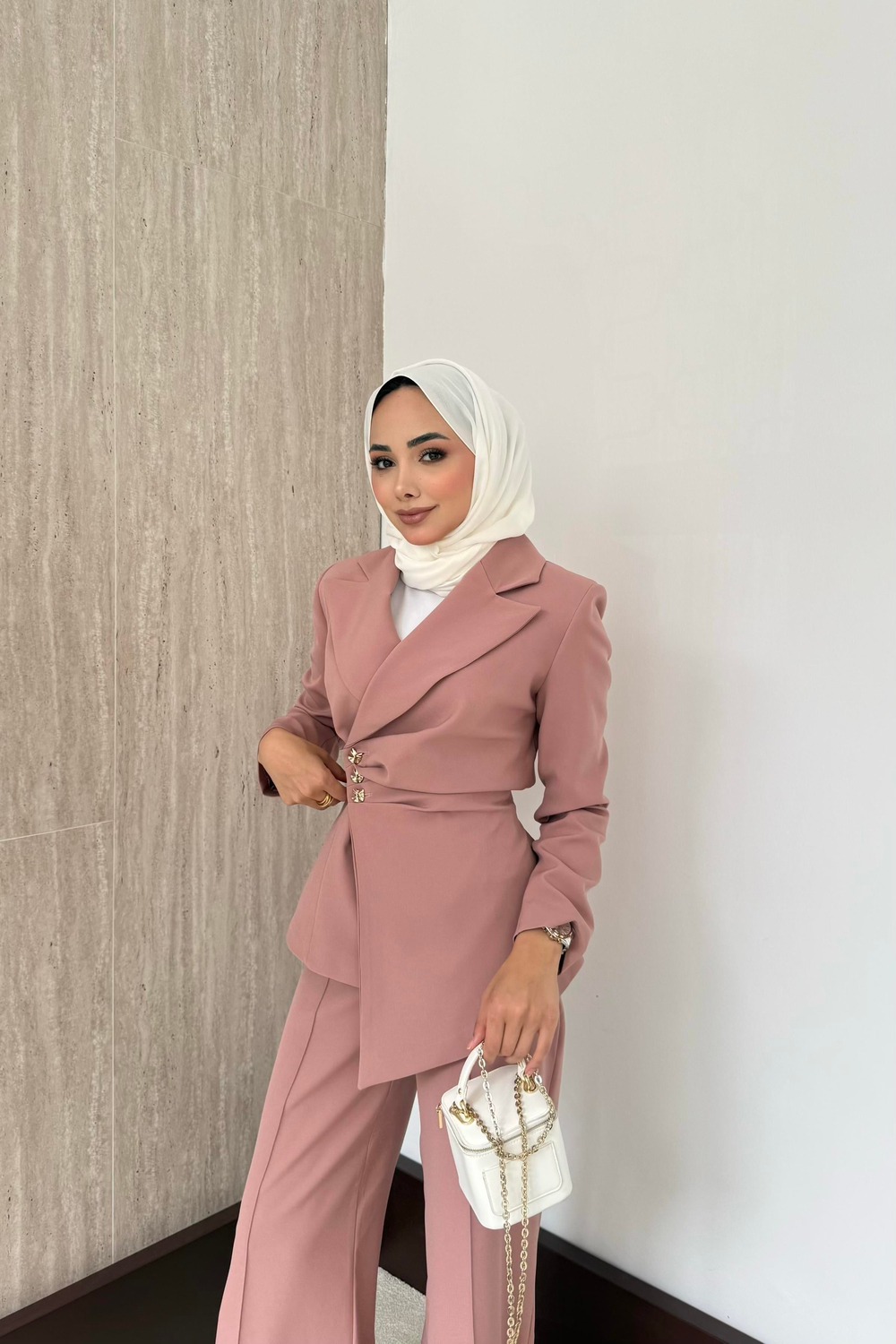 Asimetrik Blazer Ceketli Takım - Pudra