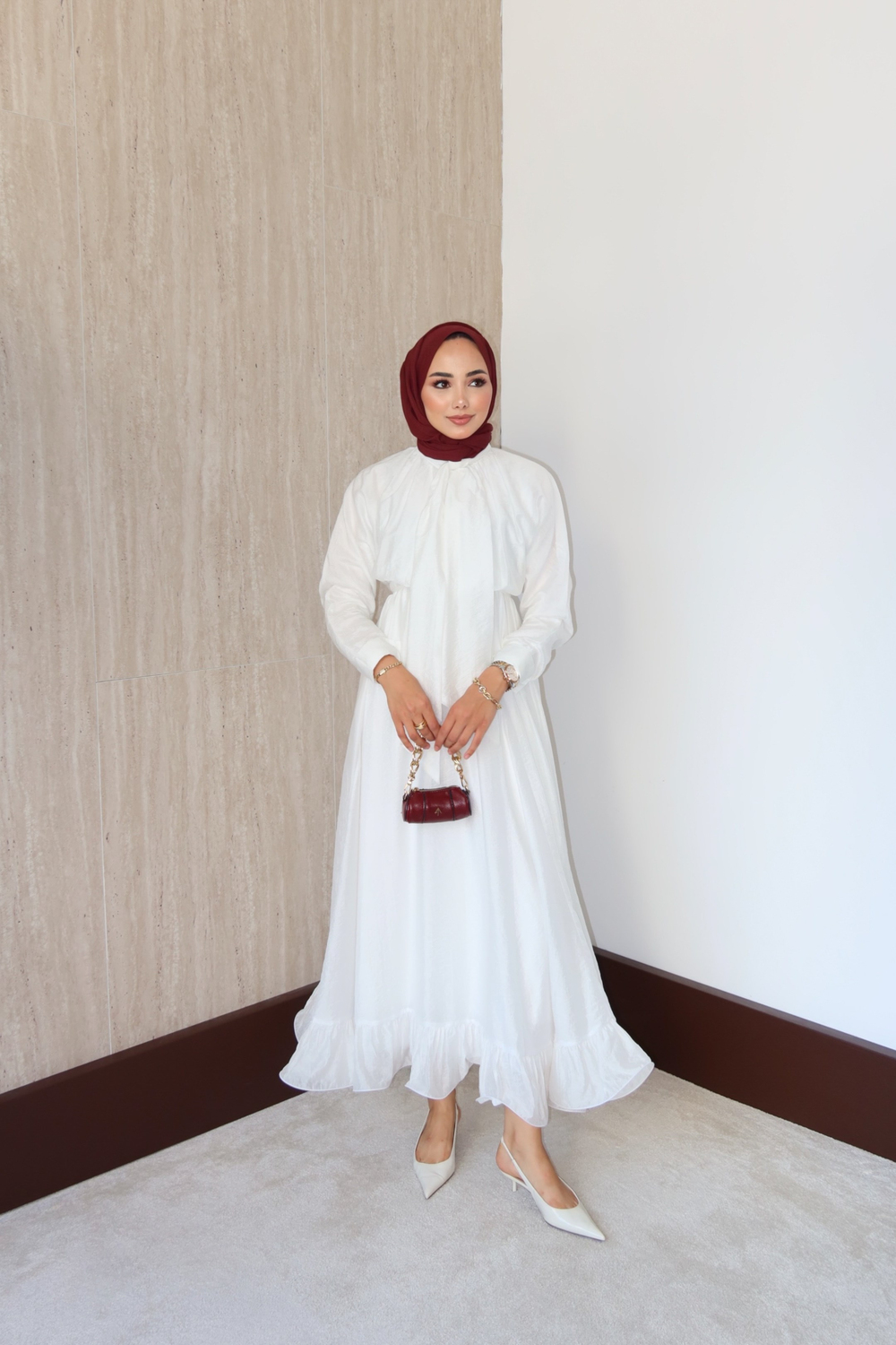 Bağlama Yakalı Peplum Elbise - Ekru