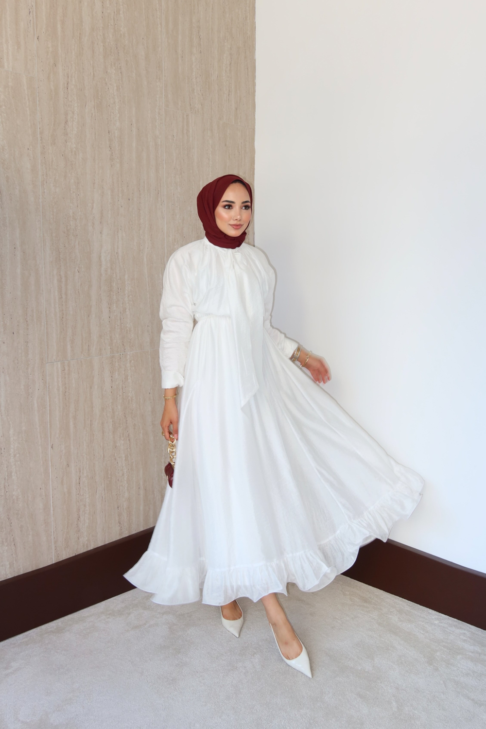 Bağlama Yakalı Peplum Elbise - Ekru