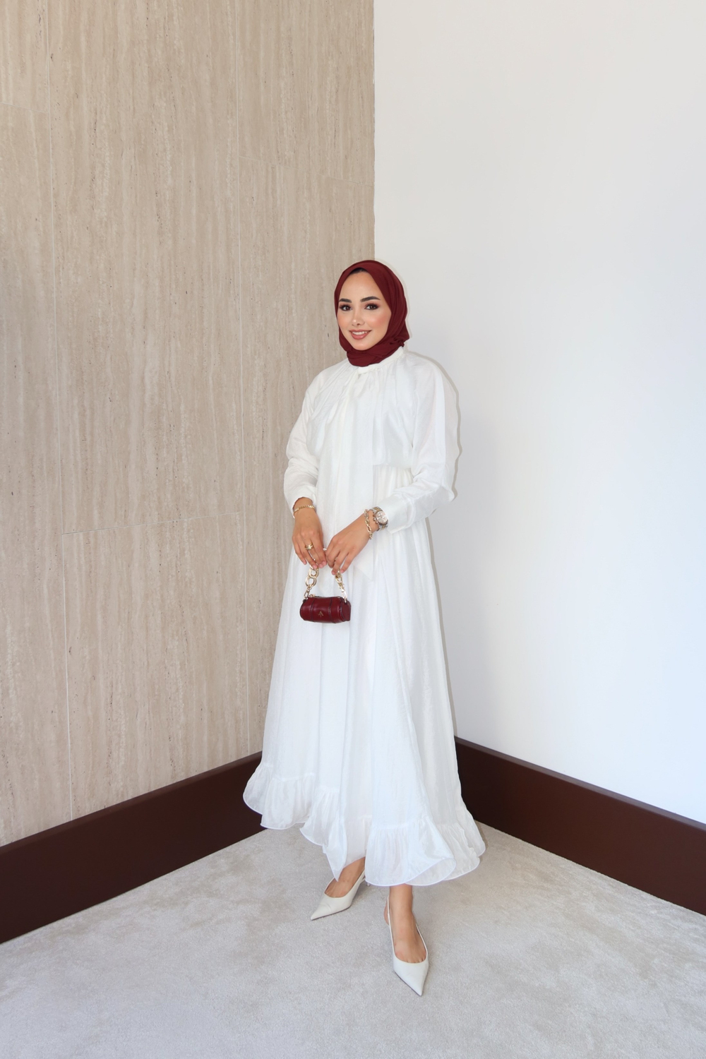 Bağlama Yakalı Peplum Elbise - Ekru