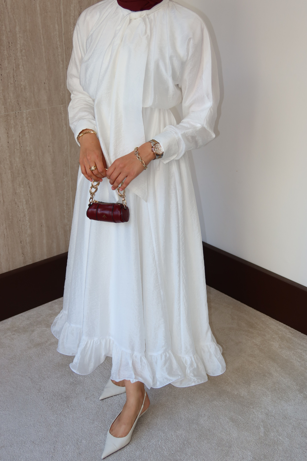 Bağlama Yakalı Peplum Elbise - Ekru
