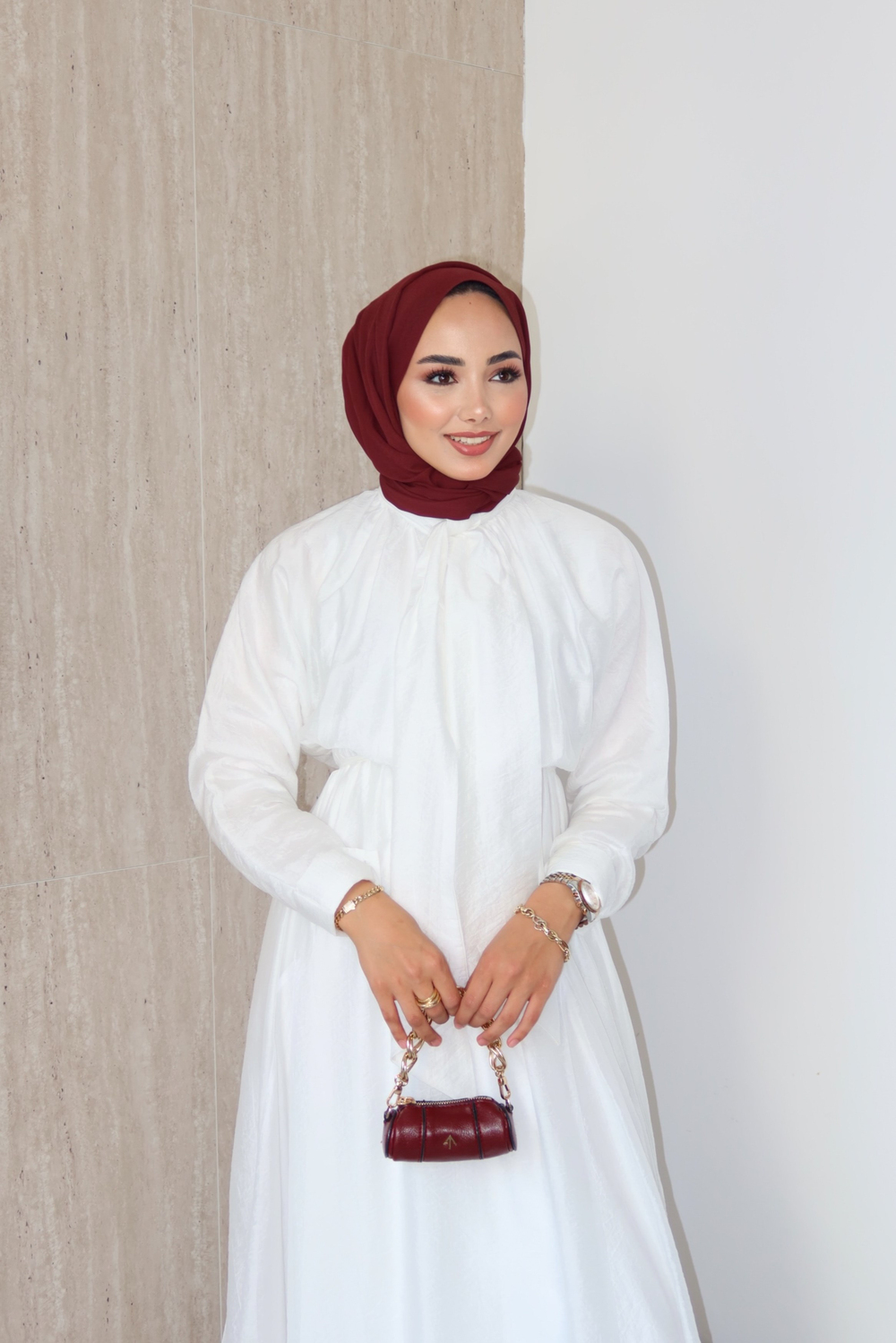 Bağlama Yakalı Peplum Elbise - Ekru