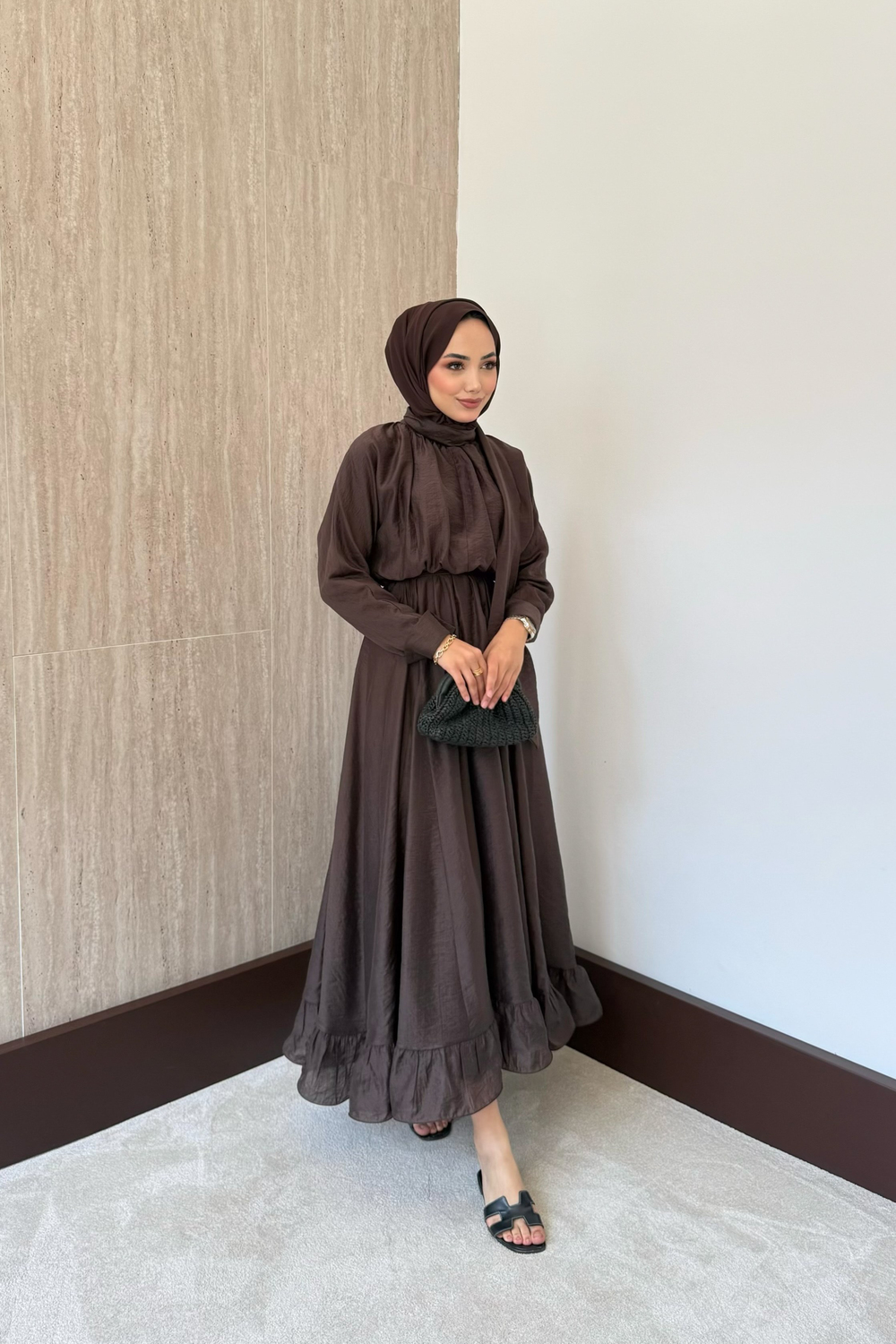 Bağlama Yakalı Peplum Elbise - Kahve