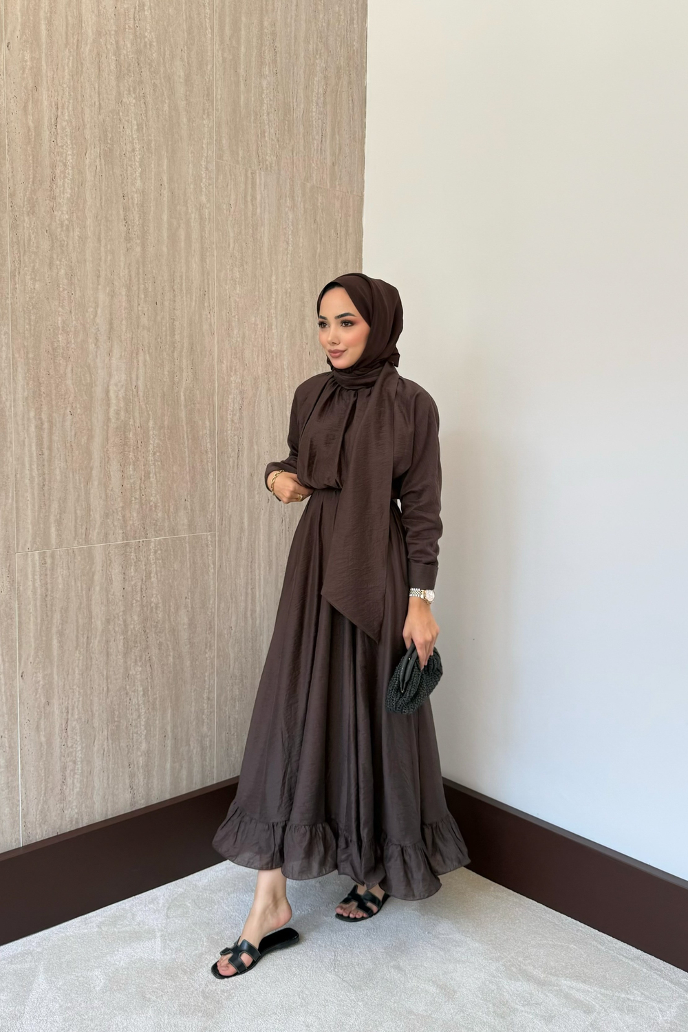 Bağlama Yakalı Peplum Elbise - Kahve
