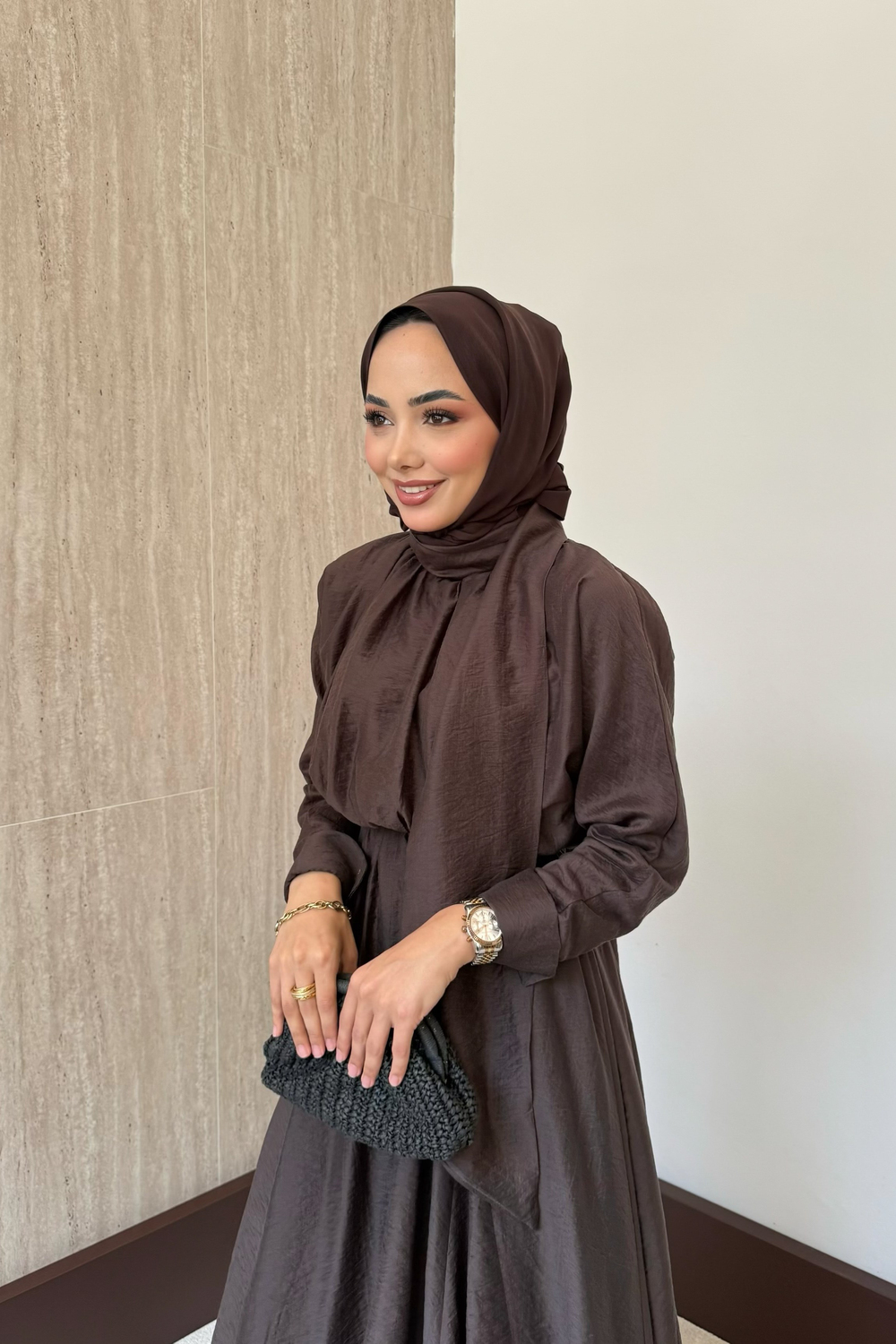 Bağlama Yakalı Peplum Elbise - Kahve