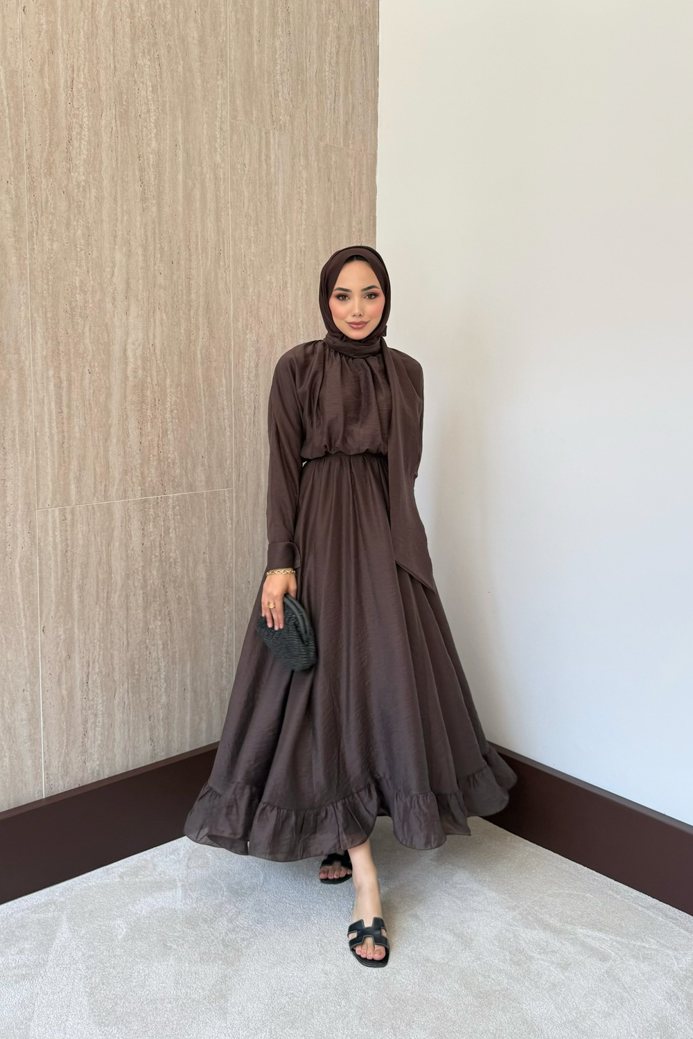 Bağlama Yakalı Peplum Elbise - Kahve
