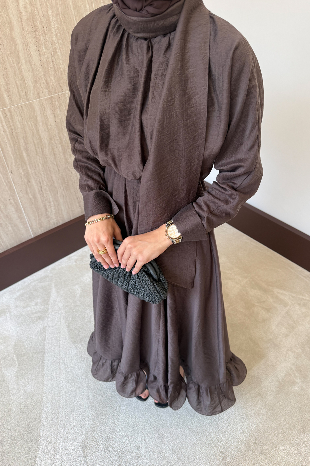 Bağlama Yakalı Peplum Elbise - Kahve