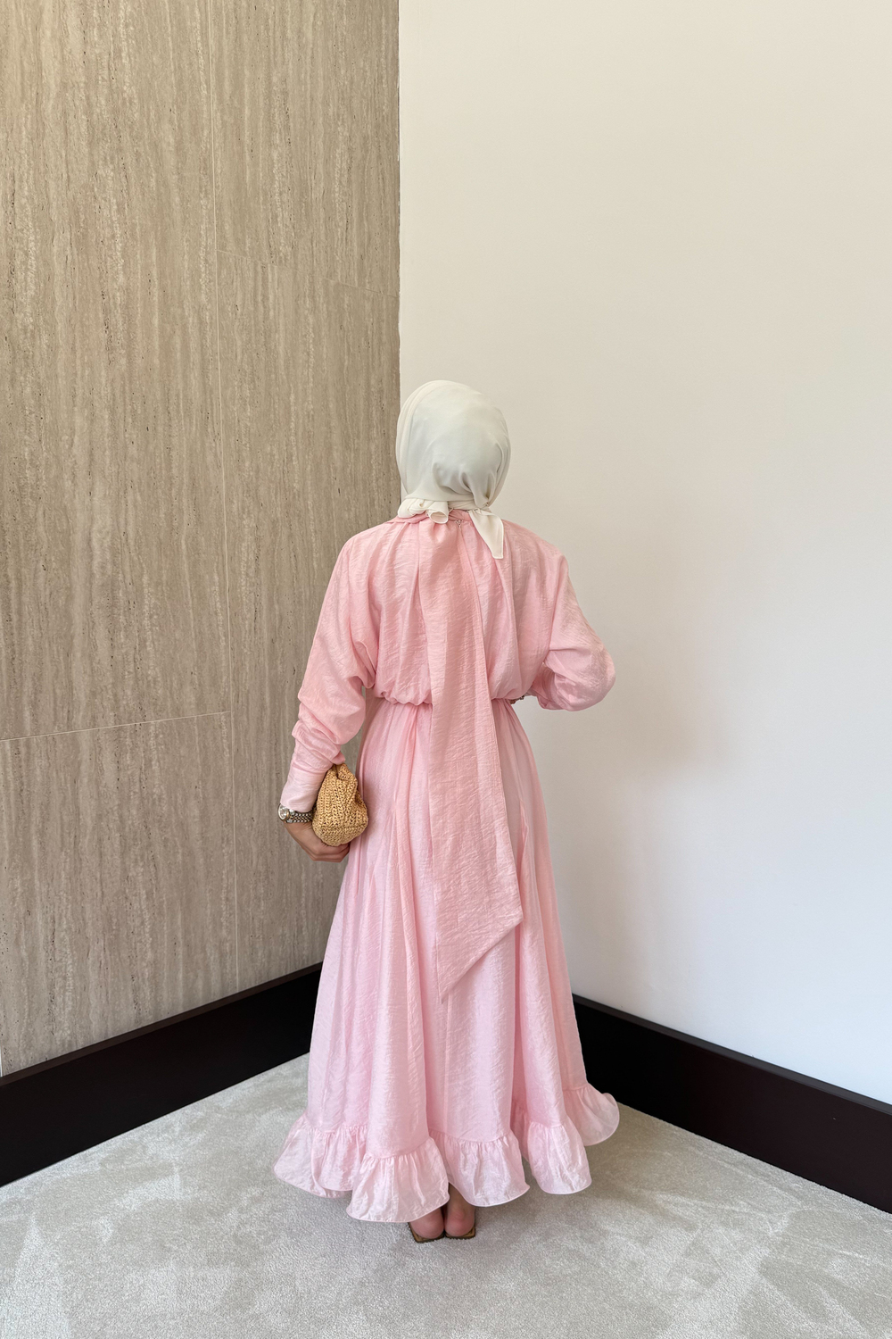 Bağlama Yakalı Peplum Elbise - Pembe