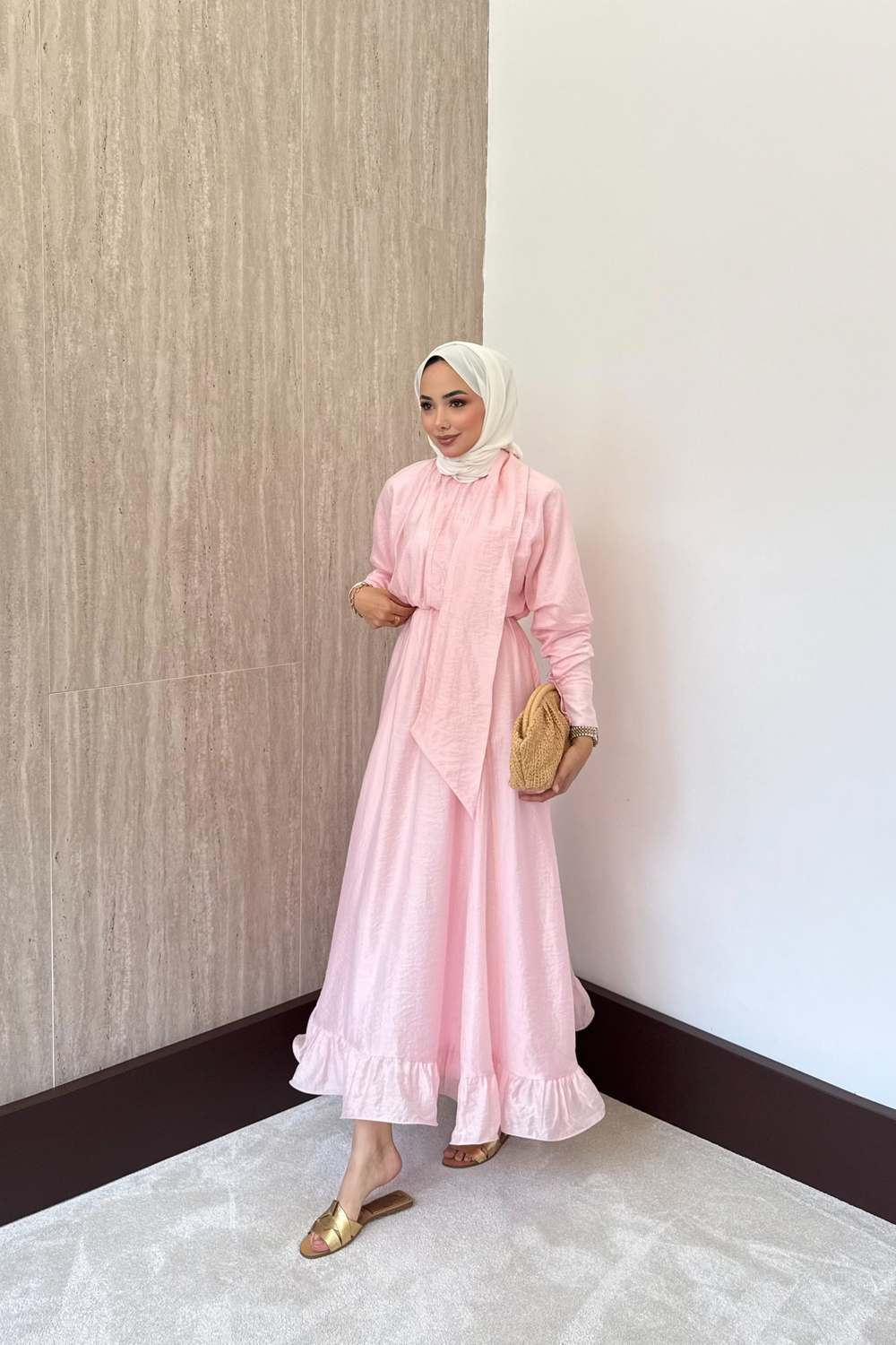 Bağlama Yakalı Peplum Elbise - Pembe