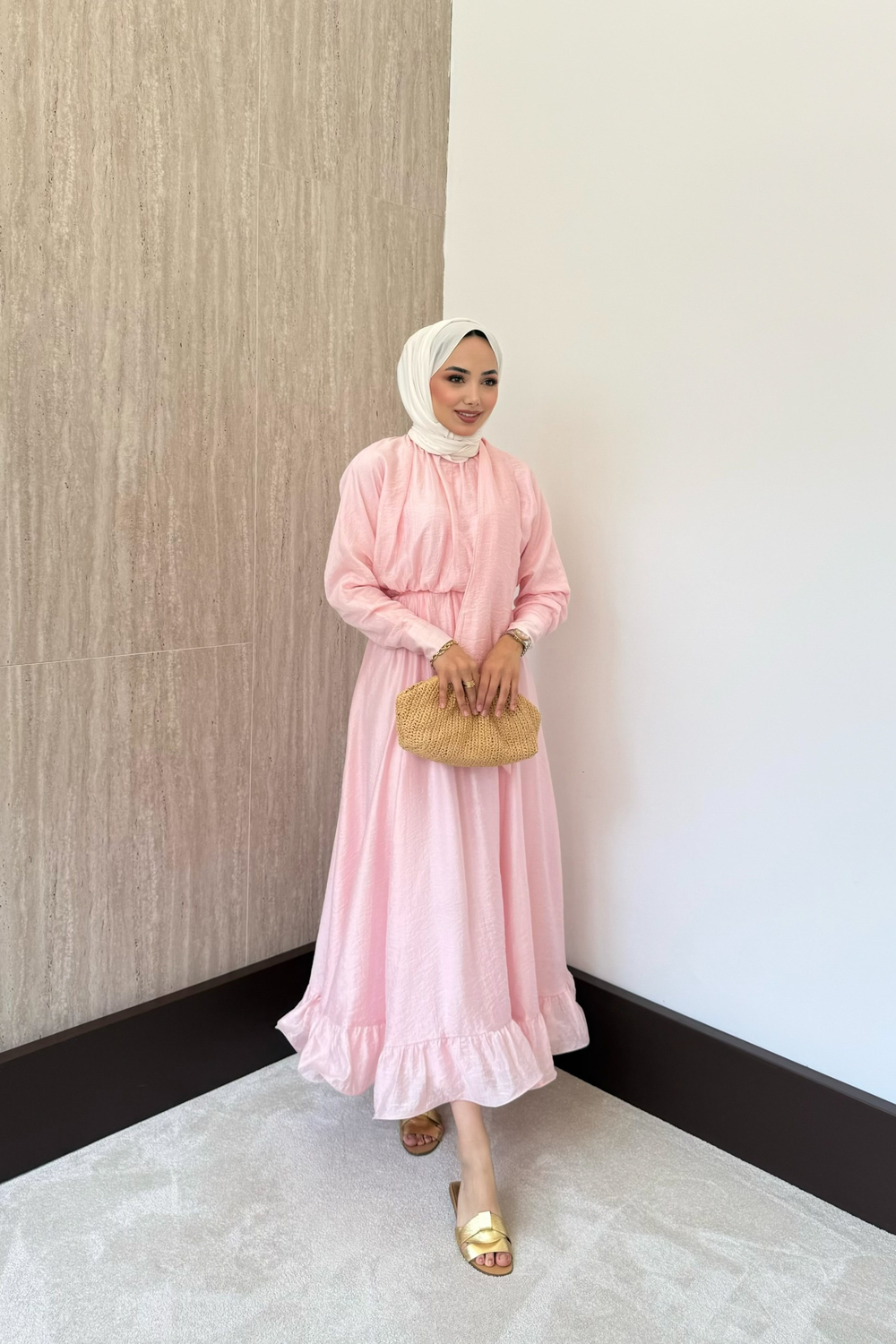 Bağlama Yakalı Peplum Elbise - Pembe