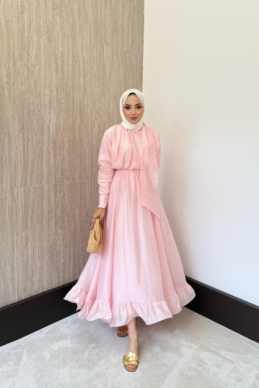 Bağlama Yakalı Peplum Elbise - Pembe