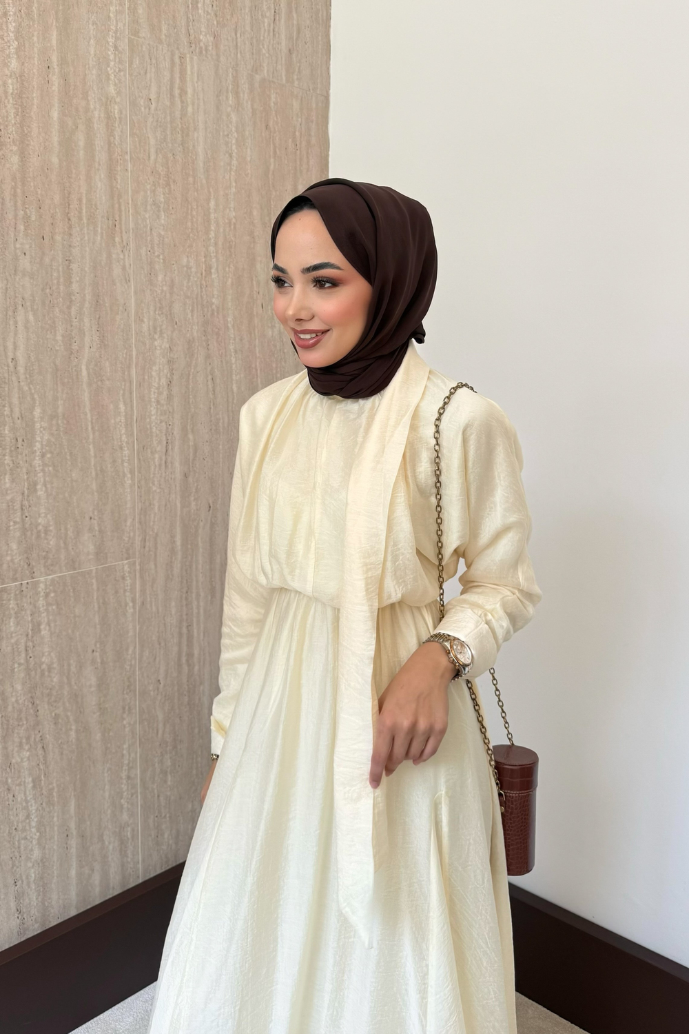 Bağlama Yakalı Peplum Elbise - Sarı