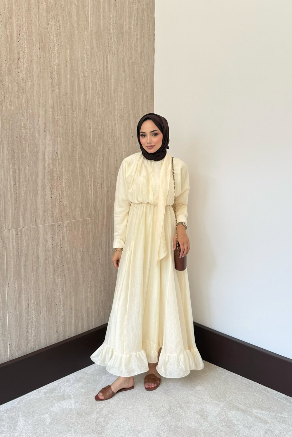 Bağlama Yakalı Peplum Elbise - Sarı