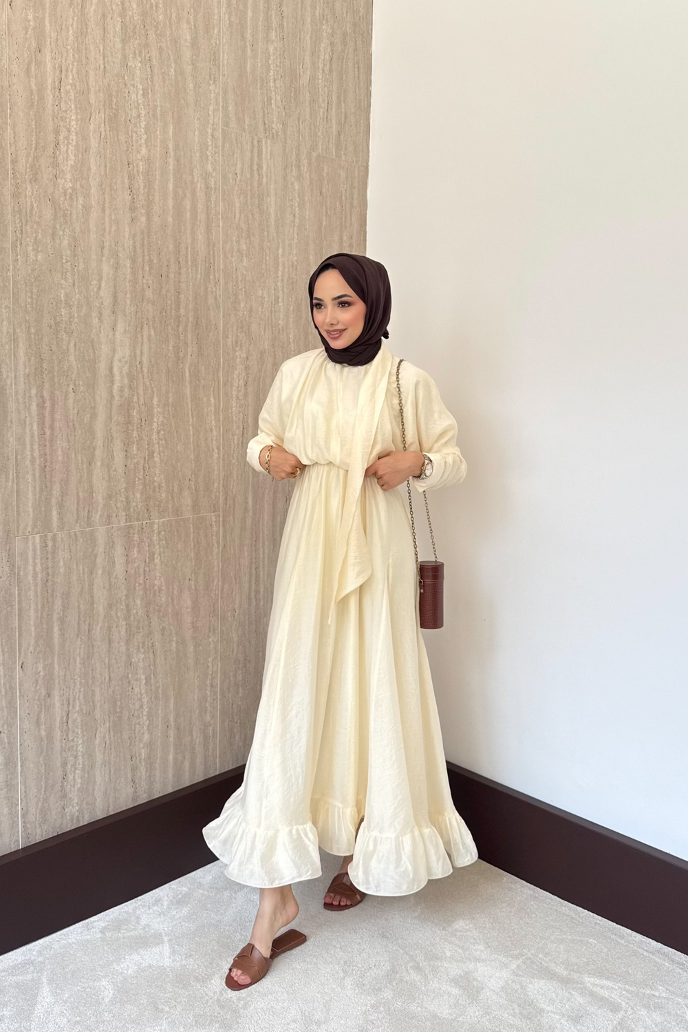 Bağlama Yakalı Peplum Elbise - Sarı