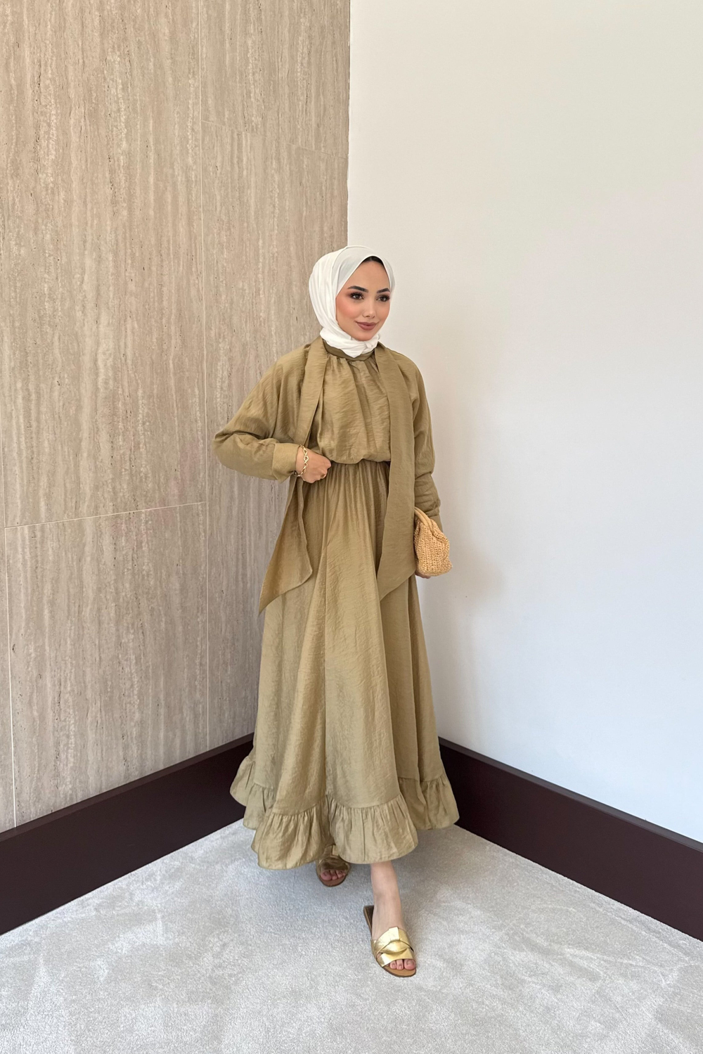 Bağlama Yakalı Peplum Elbise - Yağ Yeşili
