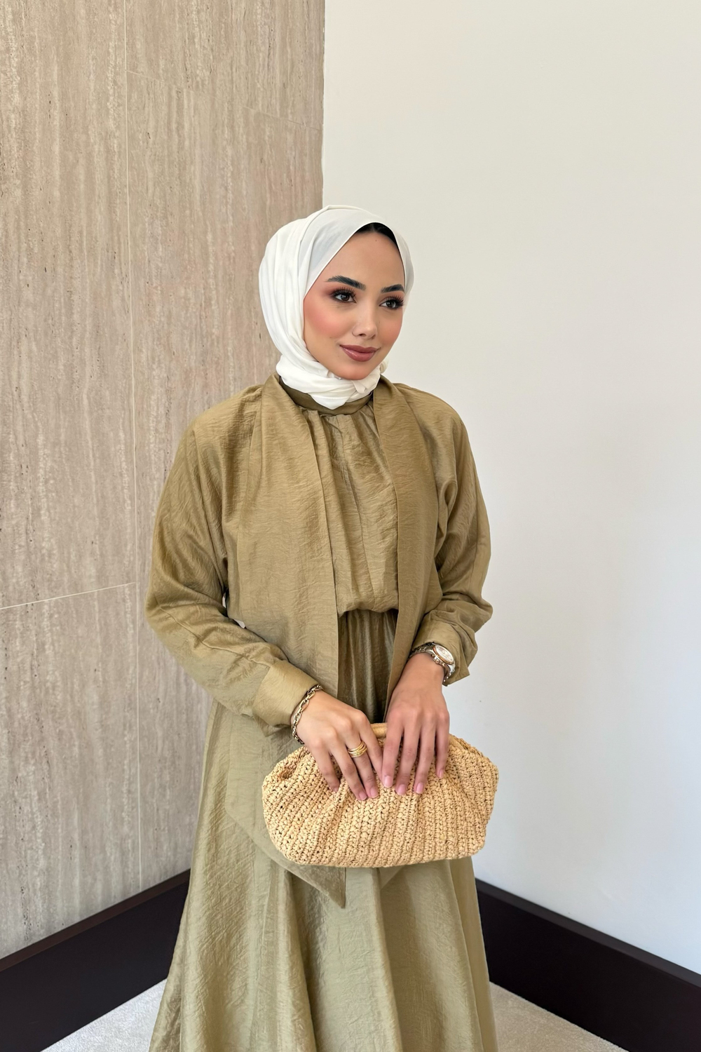 Bağlama Yakalı Peplum Elbise - Yağ Yeşili