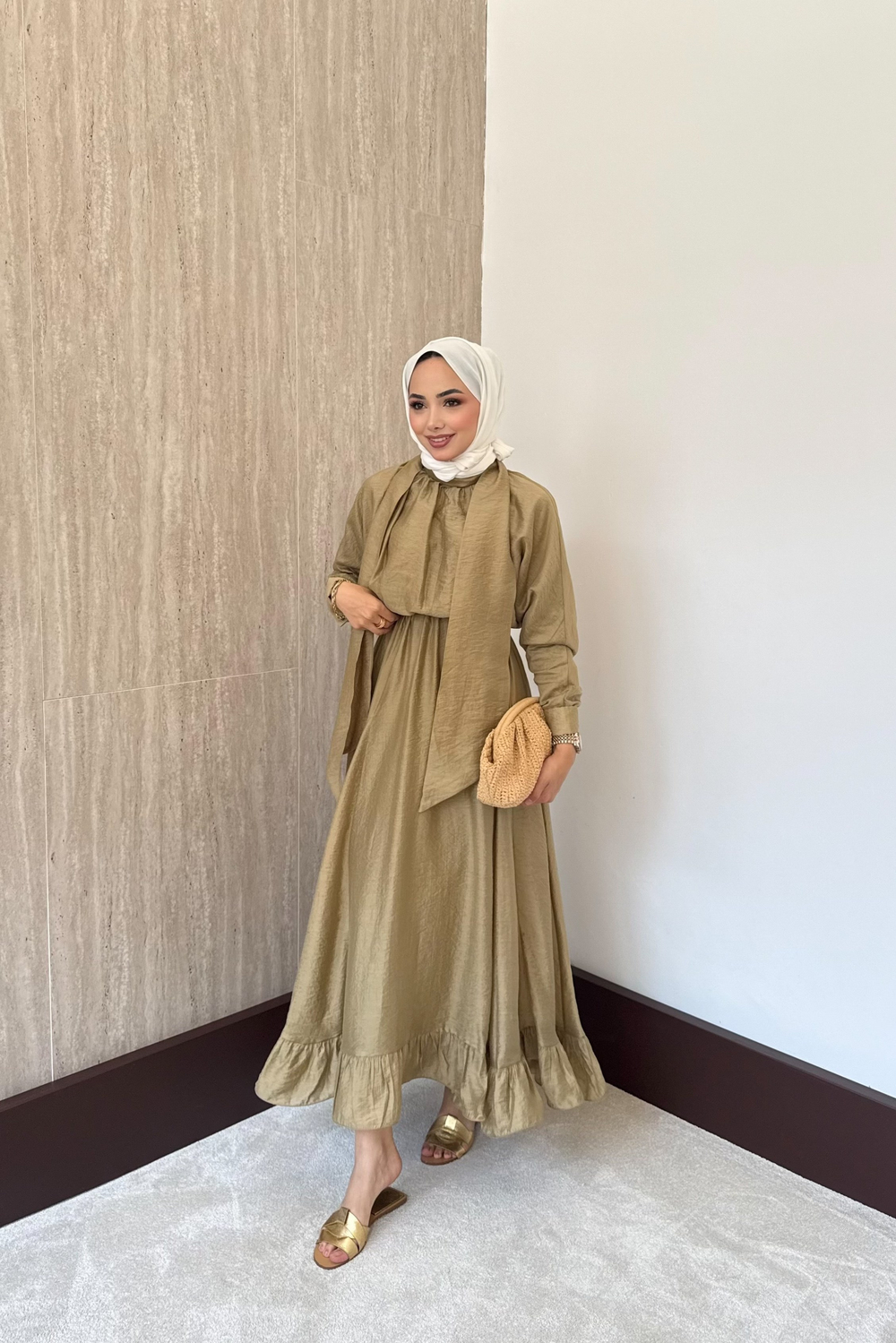 Bağlama Yakalı Peplum Elbise - Yağ Yeşili