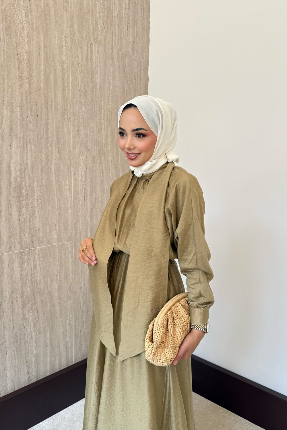 Bağlama Yakalı Peplum Elbise - Yağ Yeşili