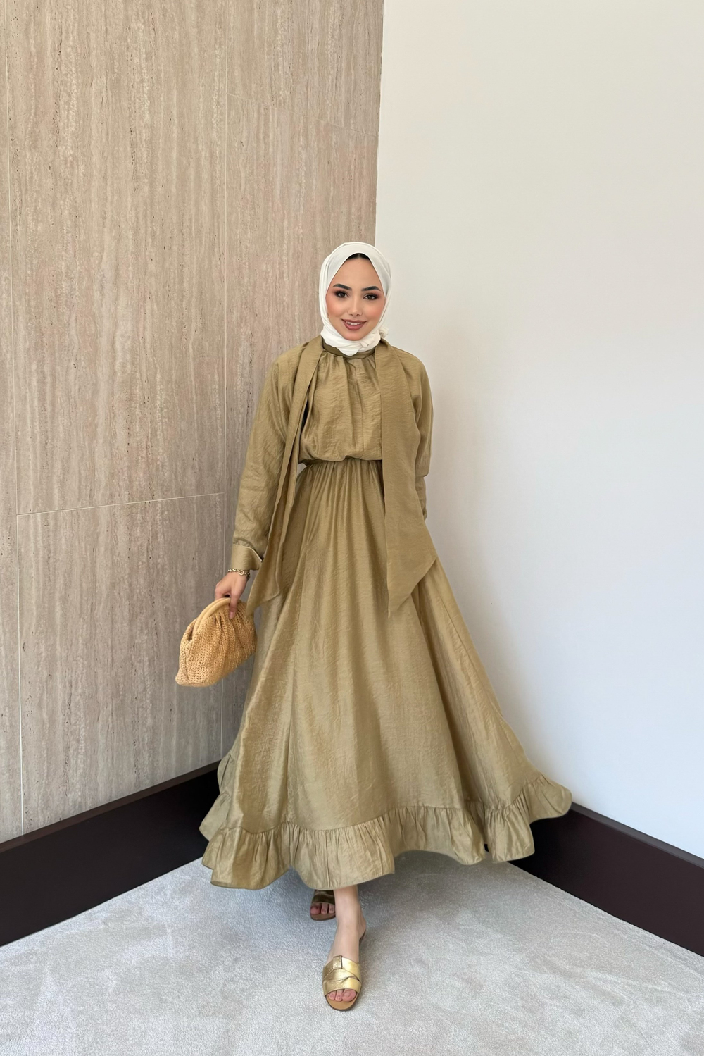 Bağlama Yakalı Peplum Elbise - Yağ Yeşili
